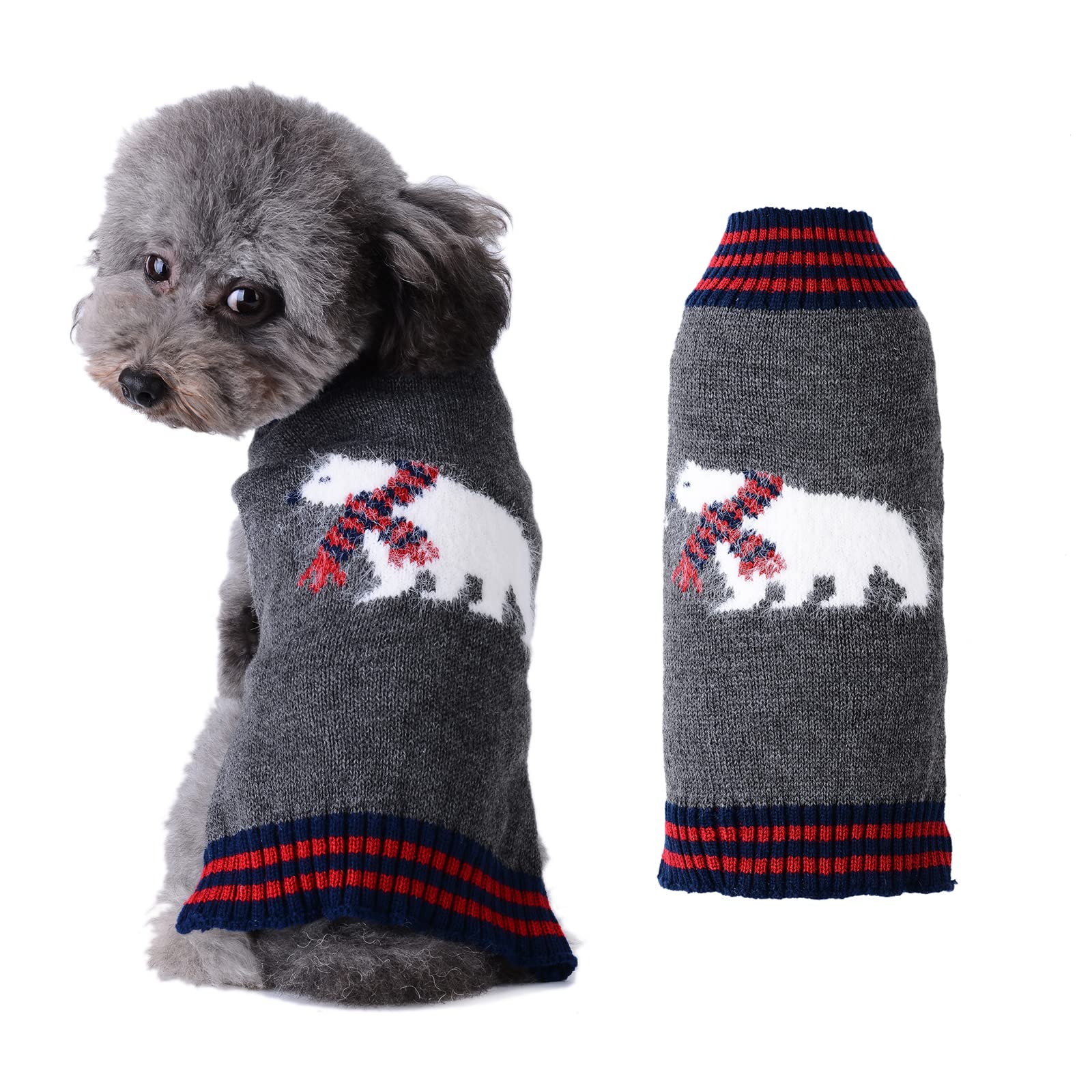 Tengzhi Dog Christmas Sweater Holiday Clothes For Dogs Girl Boy Fall Winter Knitted Soft Warm Puppy Clothing Cute Polar Bear Pet Outfit Ugly Xmas Sweater For Small Medium Large Dogs Cats(S,Grey)