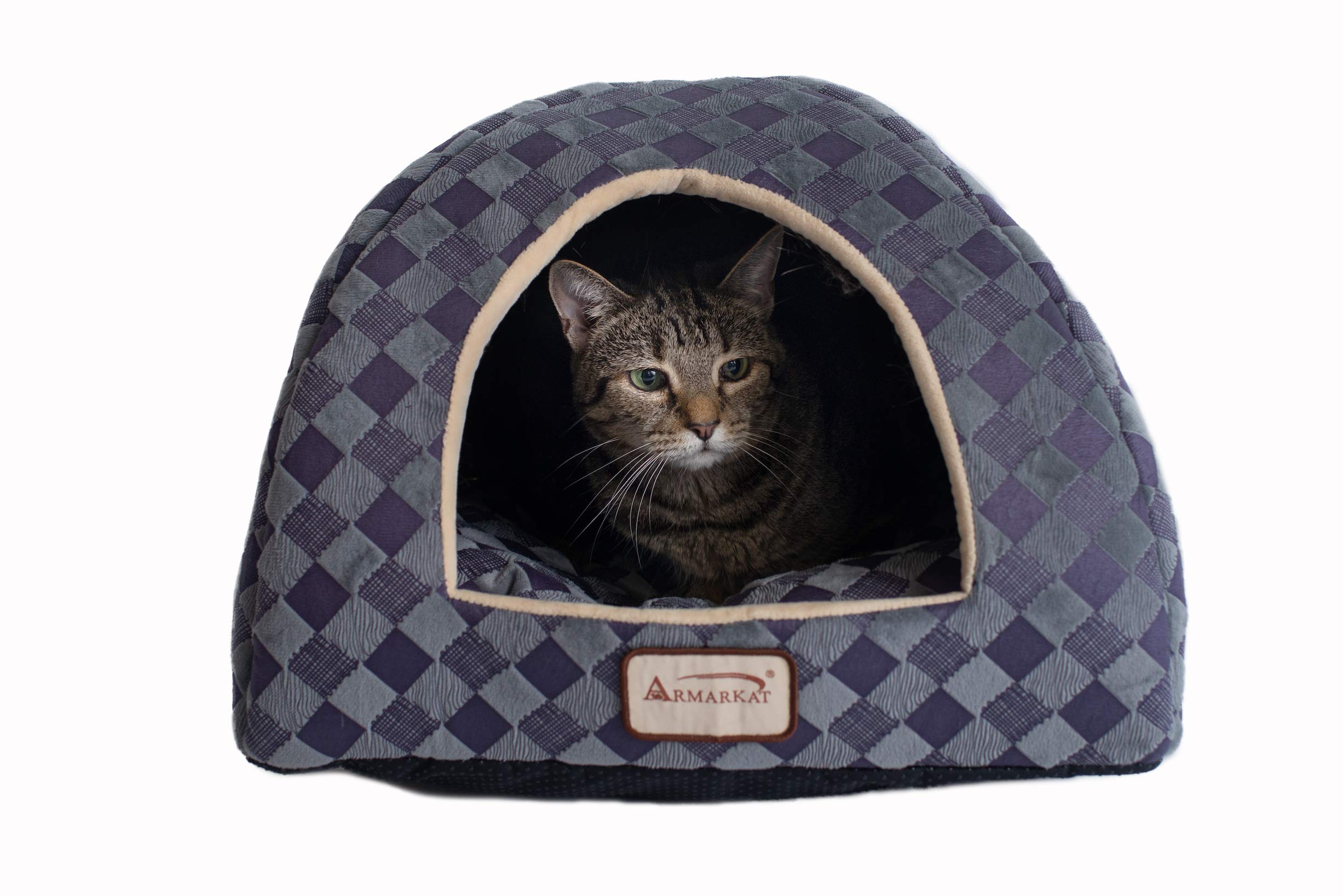Armarkat Cat Bed Model C65HHG/LS, Purple Gray Combo Checkered Pattern