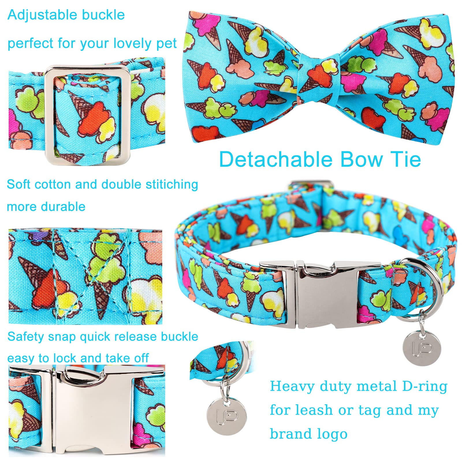 Up Urara Pup Summer Dog Collar With Bow Tie, Cotton Cute Bowtie Dog Collar, Summer Bowtie Collar For Puppy Boy Girl Dog Or Cat,