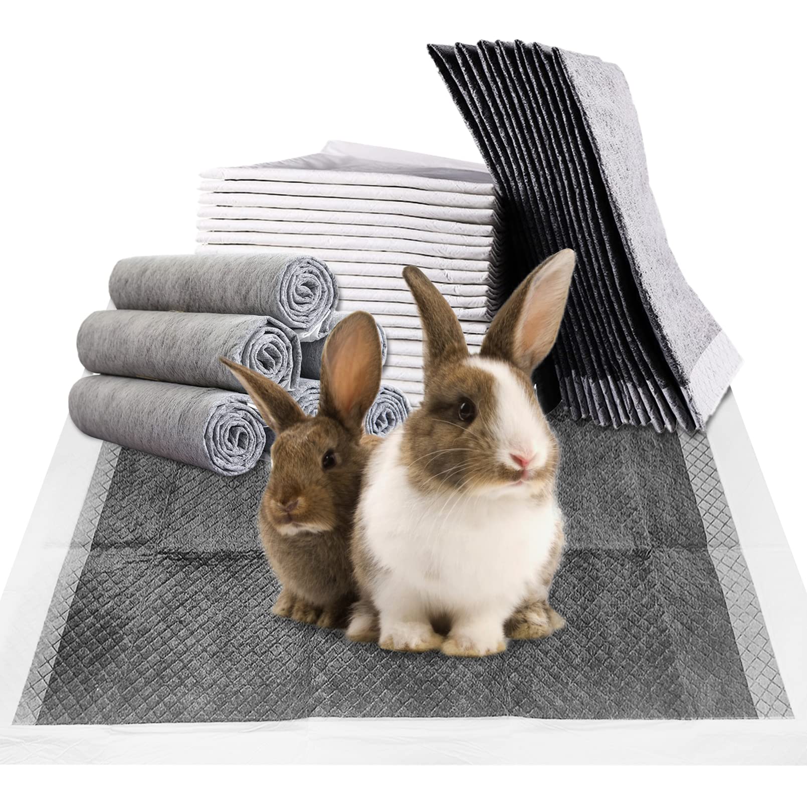 Fhiny Rabbit Pee Pads, 13'' x 18'' 100 PCS Disposable Bunny Pads Charcoal Leak-Proof Super Absorbent Potty Training Pad with Qui