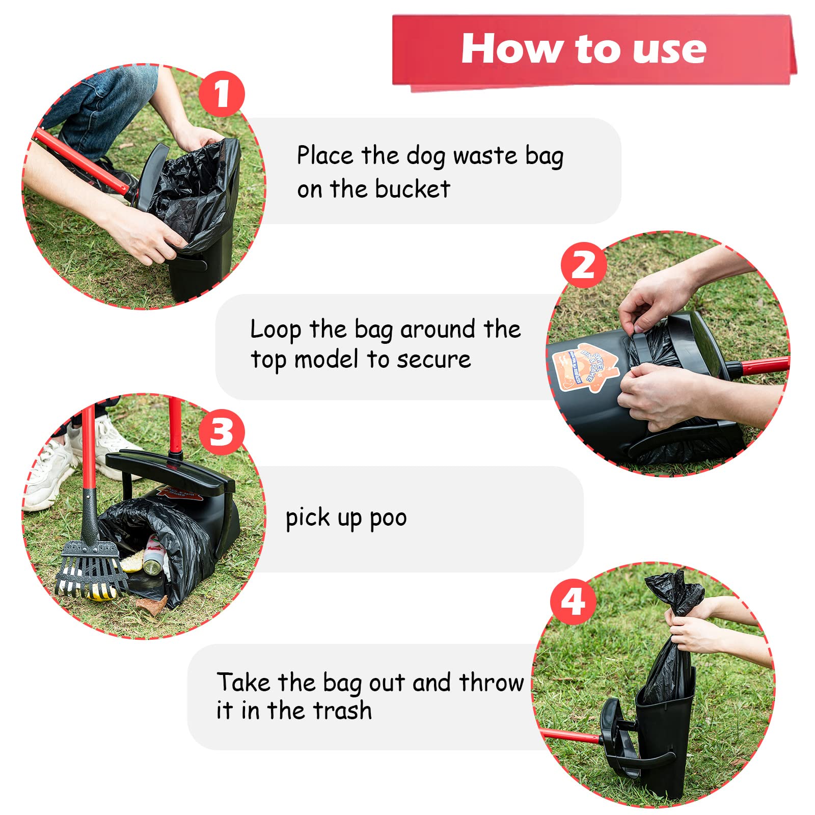 Huzsv Pooper Scooper Large Swivel Bin & Rake For Large & Small Dogs Non-Breakable Dog Poop Scooper With 20 Waste Bags Easy To Clean Pet Waste Use On Grass, Dirt Or Gravel - Pet Supplies