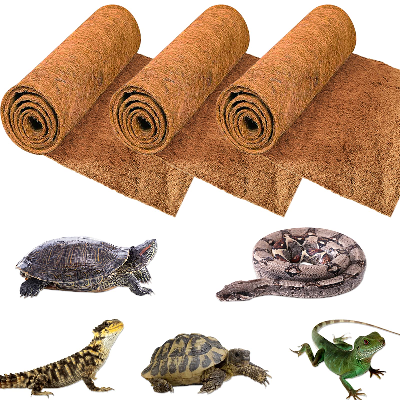 ZeeDix 3 Pieces Coconut Fiber Reptile Substrate Mat, 12 x 20 inches Natural Coco Mat Reptile Carpet Coco Fiber Liner Turtle Bedd