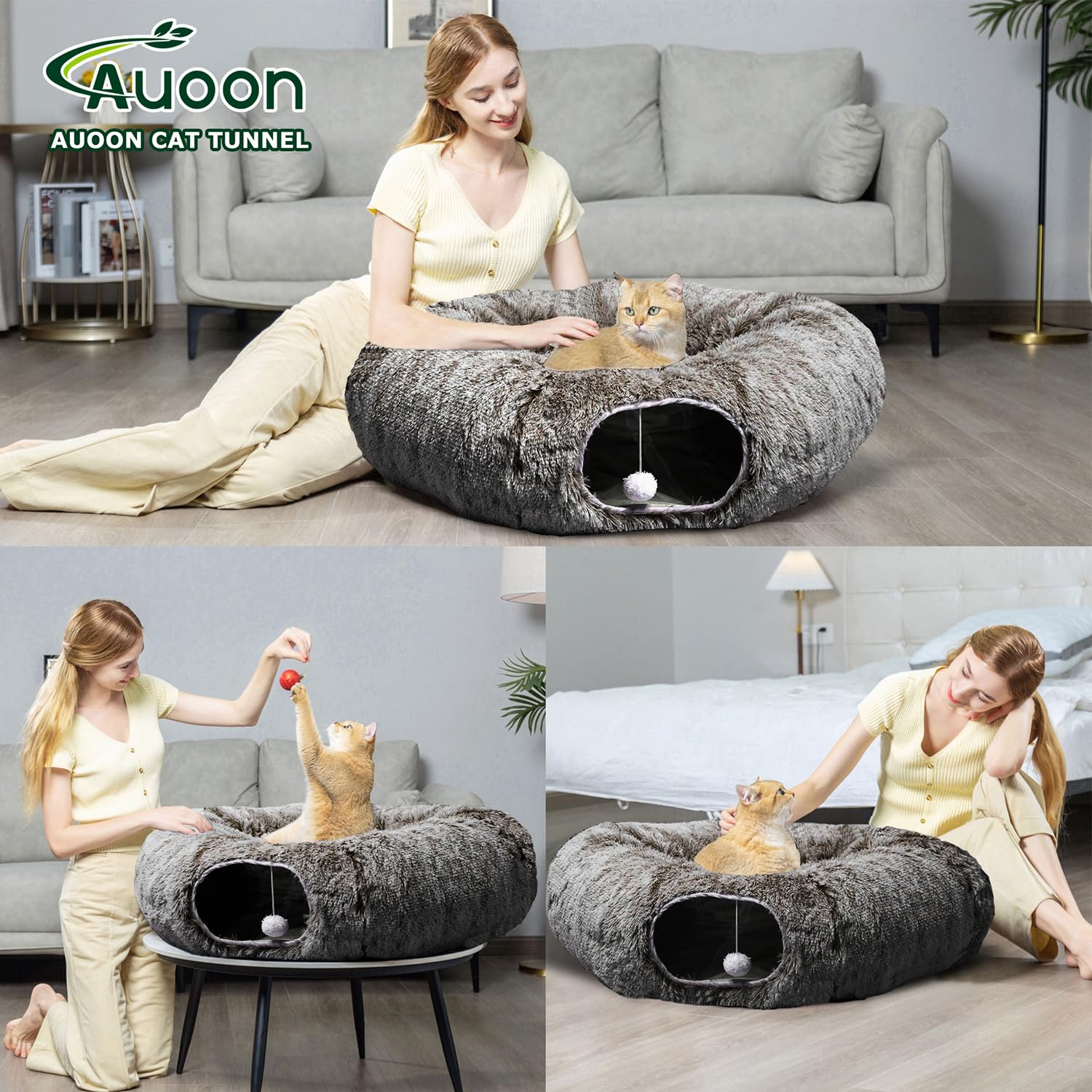 AUOON Cat Tunnel with Central Mat,Big Tube Playground Toys,Soft Plush Material,Full Moon Shape for Kitten,Cat,Puppy,Rabbit,Ferre