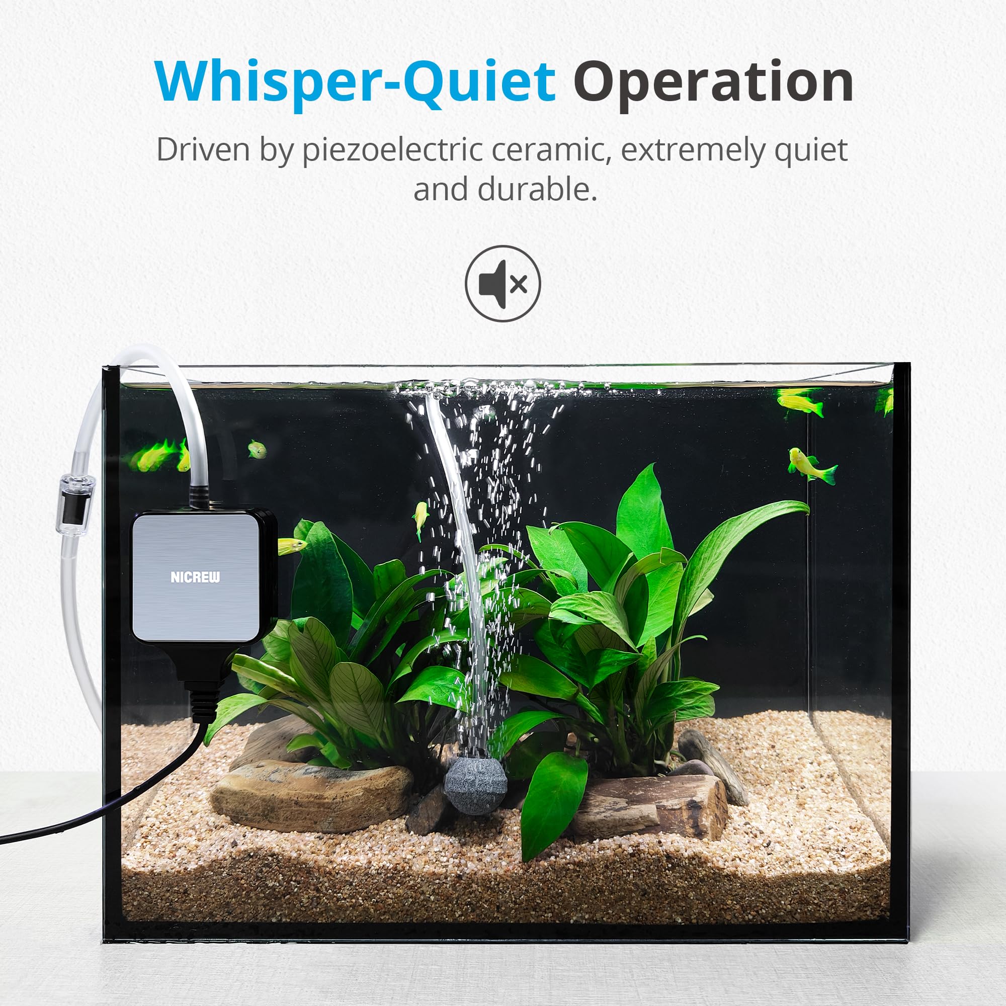 Nicrew Nano Silent Aquarium Air Pump, Corded Electric, Aquarium Aerator With Accessories For Up To 10 Gallon Fish Tank, Super Quiet, 0.3 L/Min, 1.5 Watts