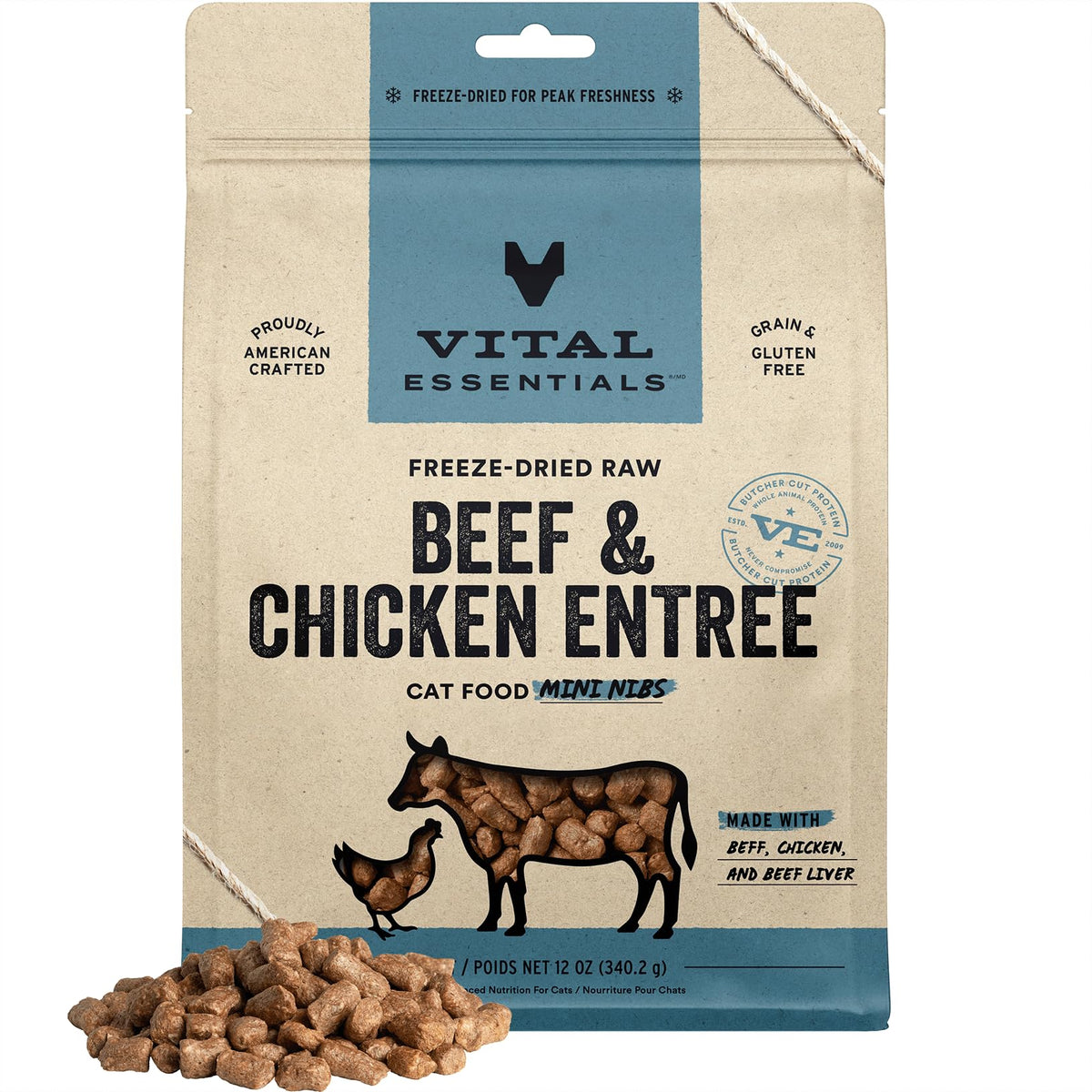 Vital Essentials Freeze Dried Raw Cat Food, Beef & Chicken Mini Nibs Entree, 12 Oz