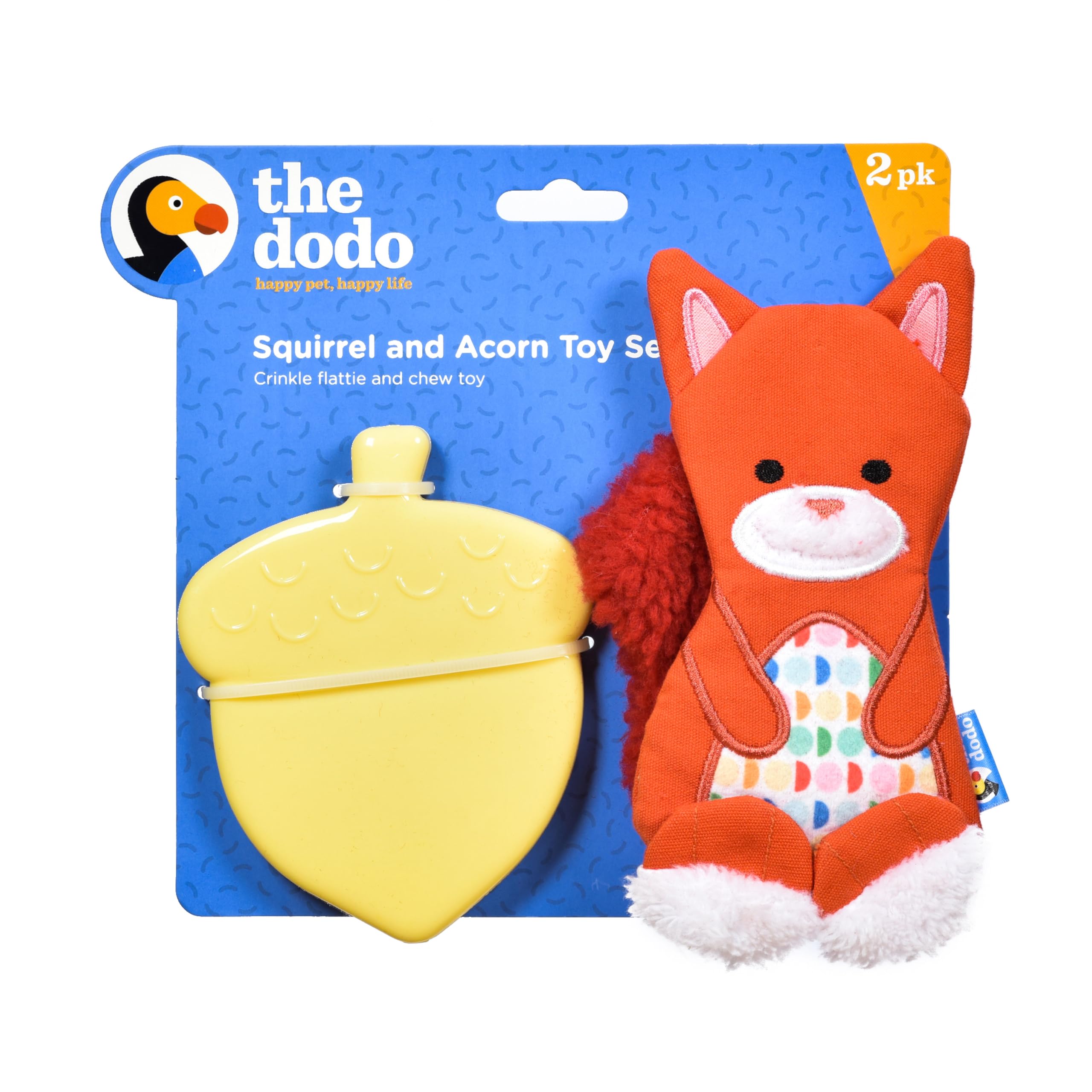 The Dodo Woodland Animals Stuffingless 2pc Dog Toy Set: Squirrel & Acorn; No Plush Squeaky Squirrel Flattie Dog Toy + Rubber Aco