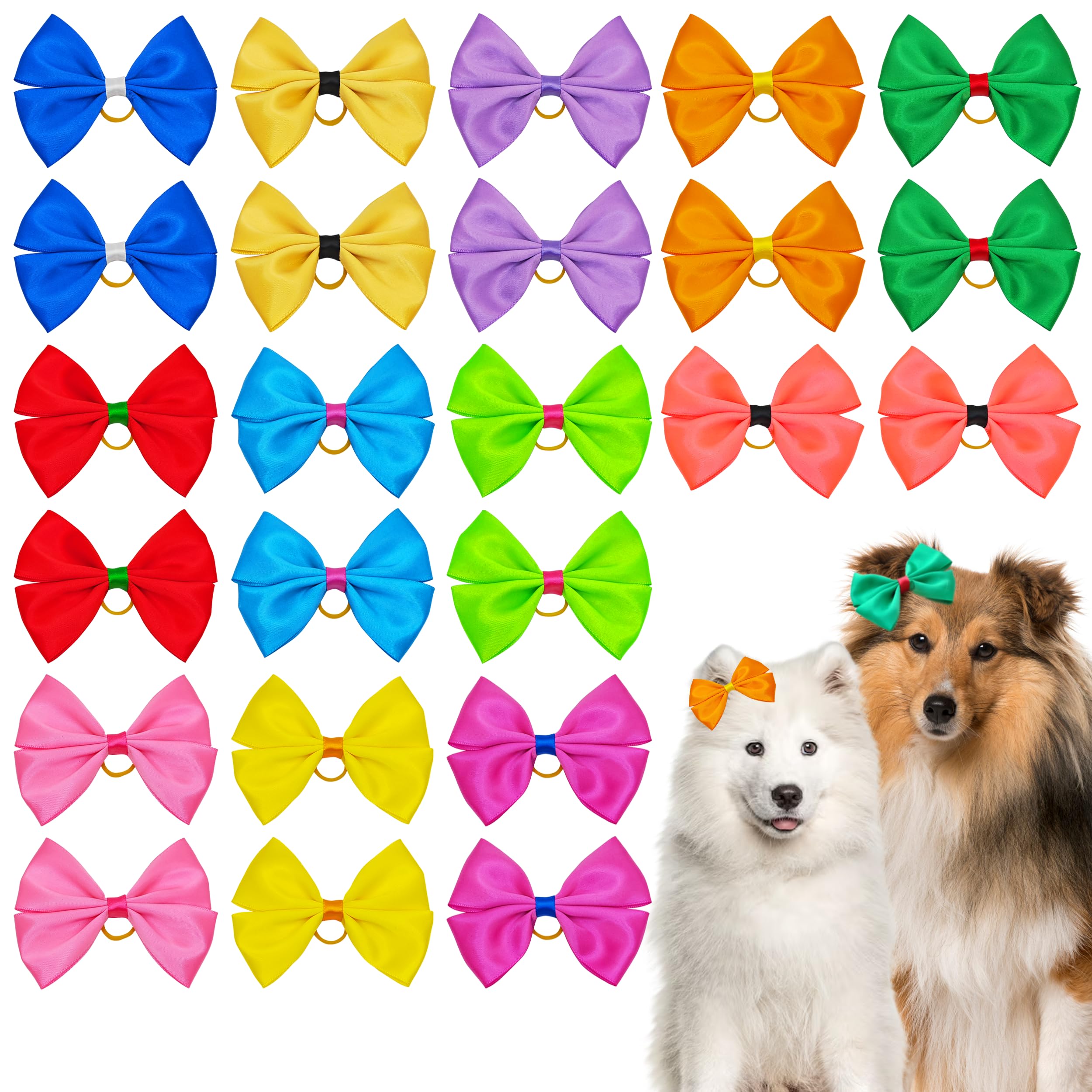 Jpgdn 24Pcs Big Dog Hair Bows For Large Dog Long Hair Solid Color Pink Bule Red Purple Yellow Green Orange Rose Girl Boy Bowknot