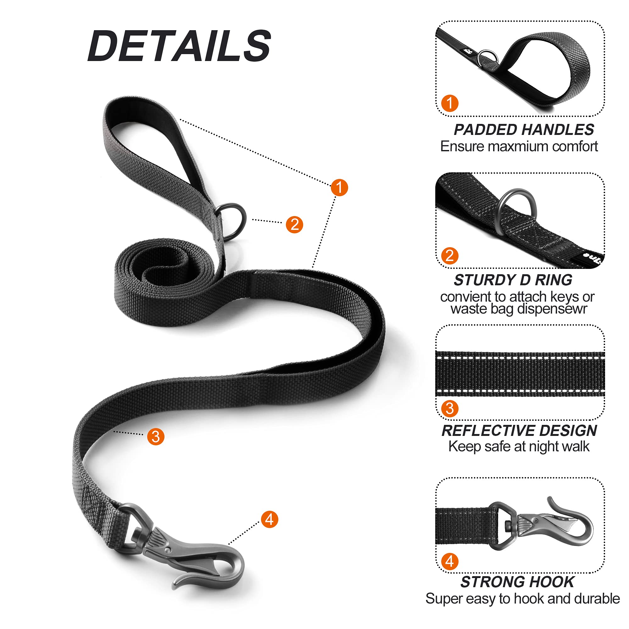 TwoEar Dog Leash - 4FT, 1IN, Black, Dual Padded Handles, Reflective, Auto Lock Hook for Small, Medium & Large Dogs