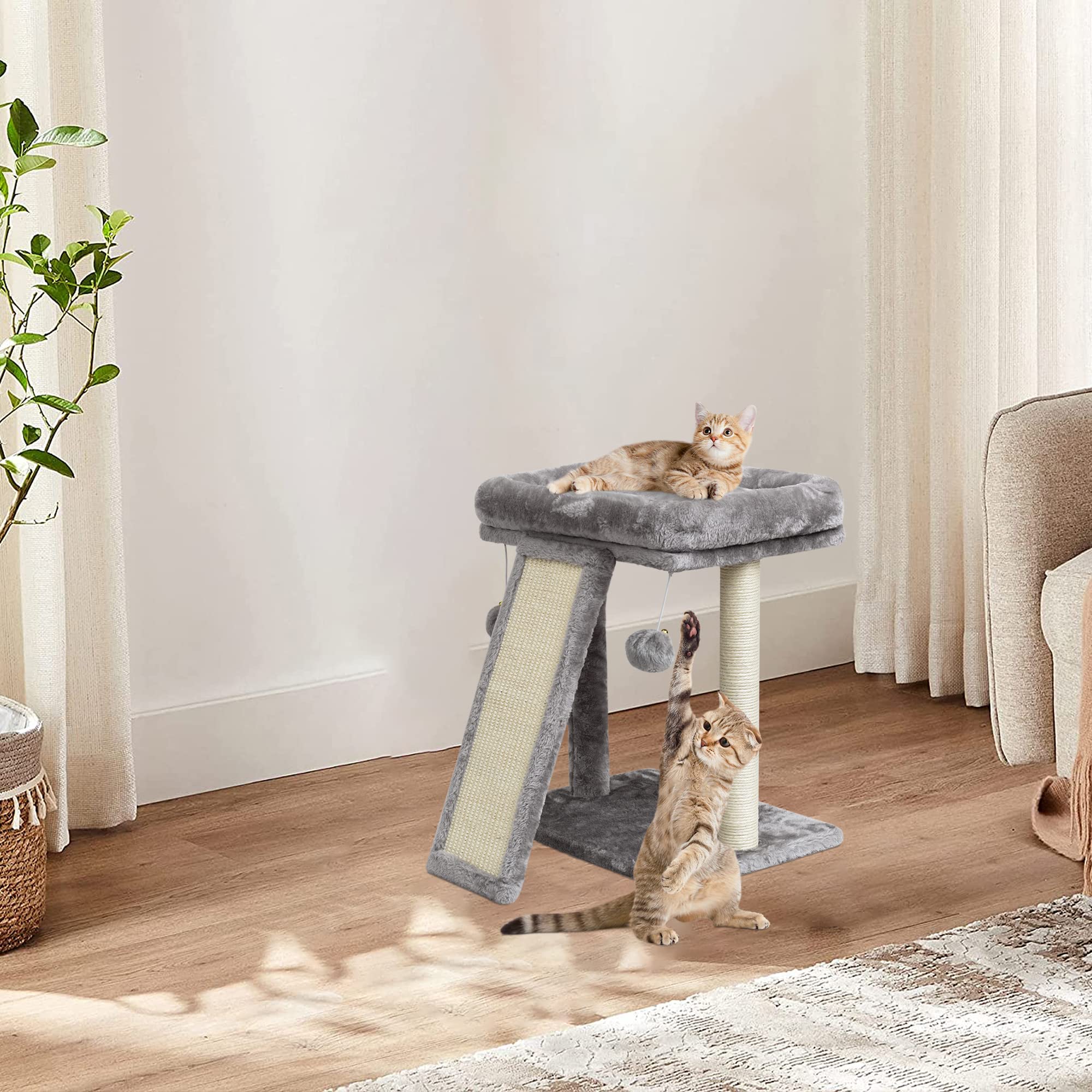 Syandlvy Small Cat Tree With Scratching Post, Cat Scratching Board For Adults, Cat Post Scratcher For Indoor Cats, 2 Dangling Ba
