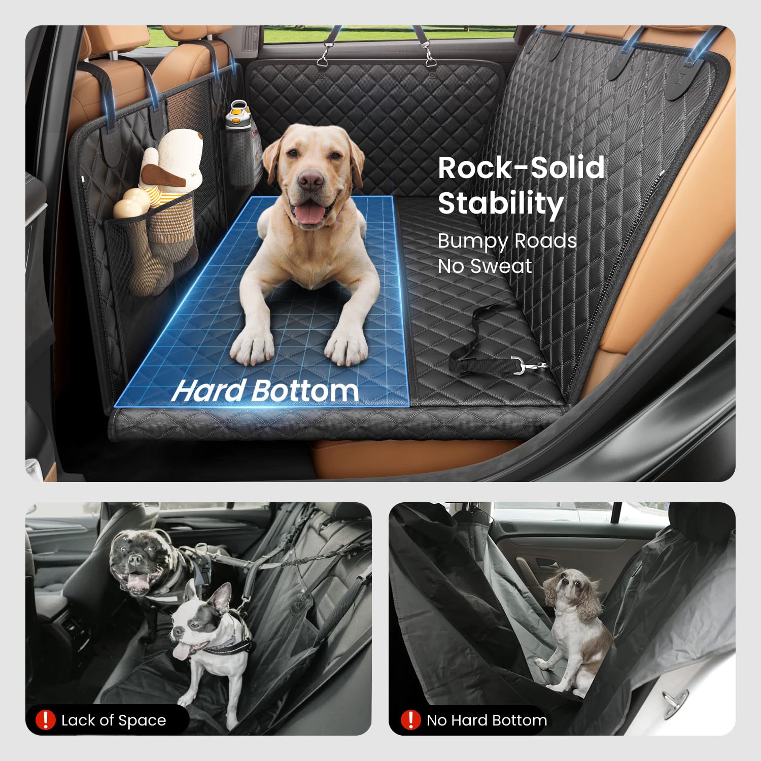 Reevaa Dog Car Seat Cover For Back Seat, Hard Bottom Dog Hammock, Pet Bed Extender For 2-4 Large/Medium Dogs, Waterproof Seat Pr