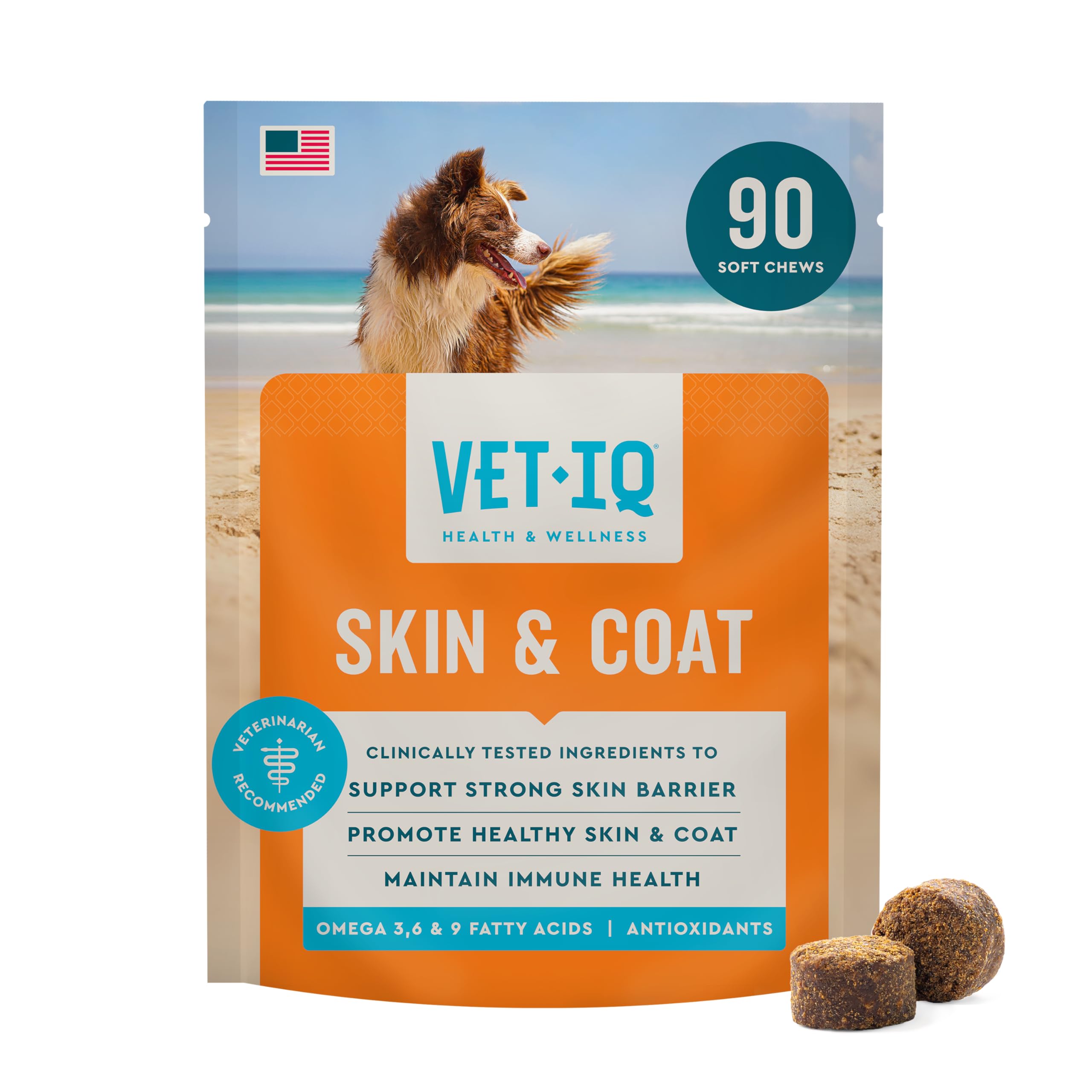 VetIQ Skin and Coat Supplement for Dogs, Helps Maintain Healthy Skin and Shiny Coat, Hickory Smoke Flavor Dog Chew, Made in The 