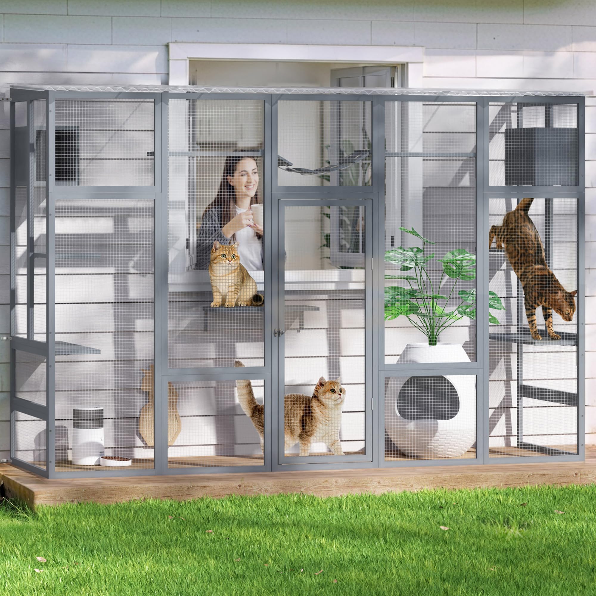 COZIWOW Catio Outdoor Cat Enclosure Window, 104 Wooden Large Catio Outside Cattery for Multiple Cats with Sloped Waterproof Cove
