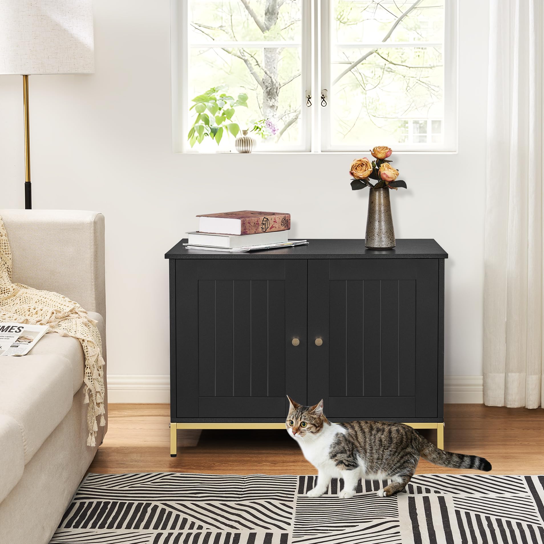 Homhedy Cat Litter Box Enclosure, Cat Washroom Furniture with Metal Frame, Pet House, Fit Most of Litter Box, Modern Style, Gree