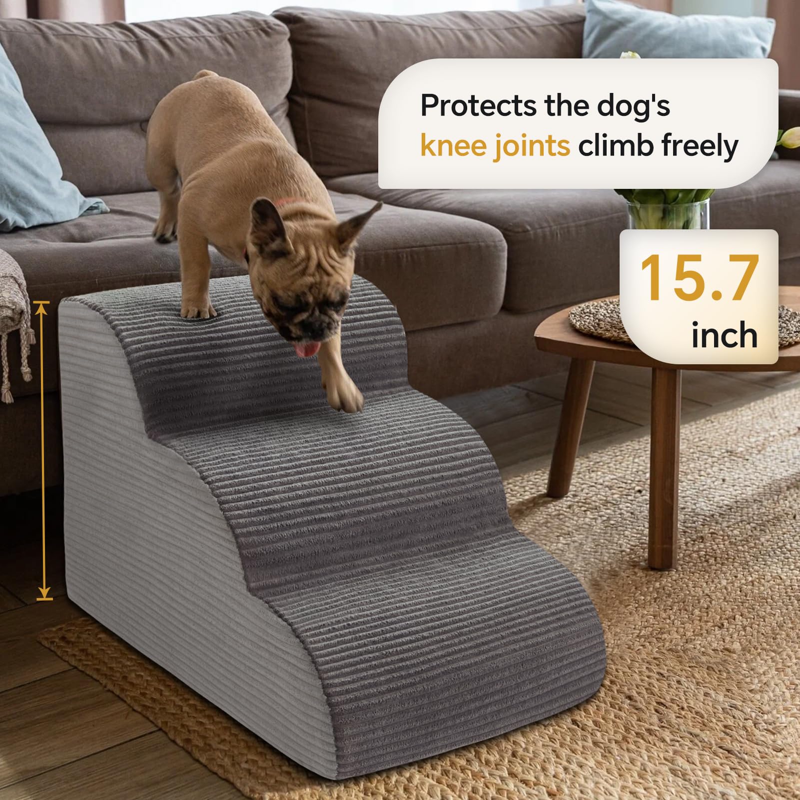 15.7   H Curved Dog Stairs Ramp for Beds Couches, Pet Steps with Durable Non-Slip Washble Fabric Cover, Pet Stairs for Bed Climb