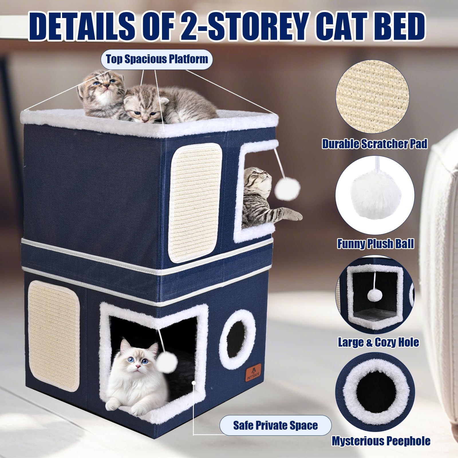 2-Story Cat House For Indoor Cats, Dual-Purpose Cat Cave Bed With Scratch Pad And Fluffy Ball, Foldable Cat Hideaway, Cute Cat C