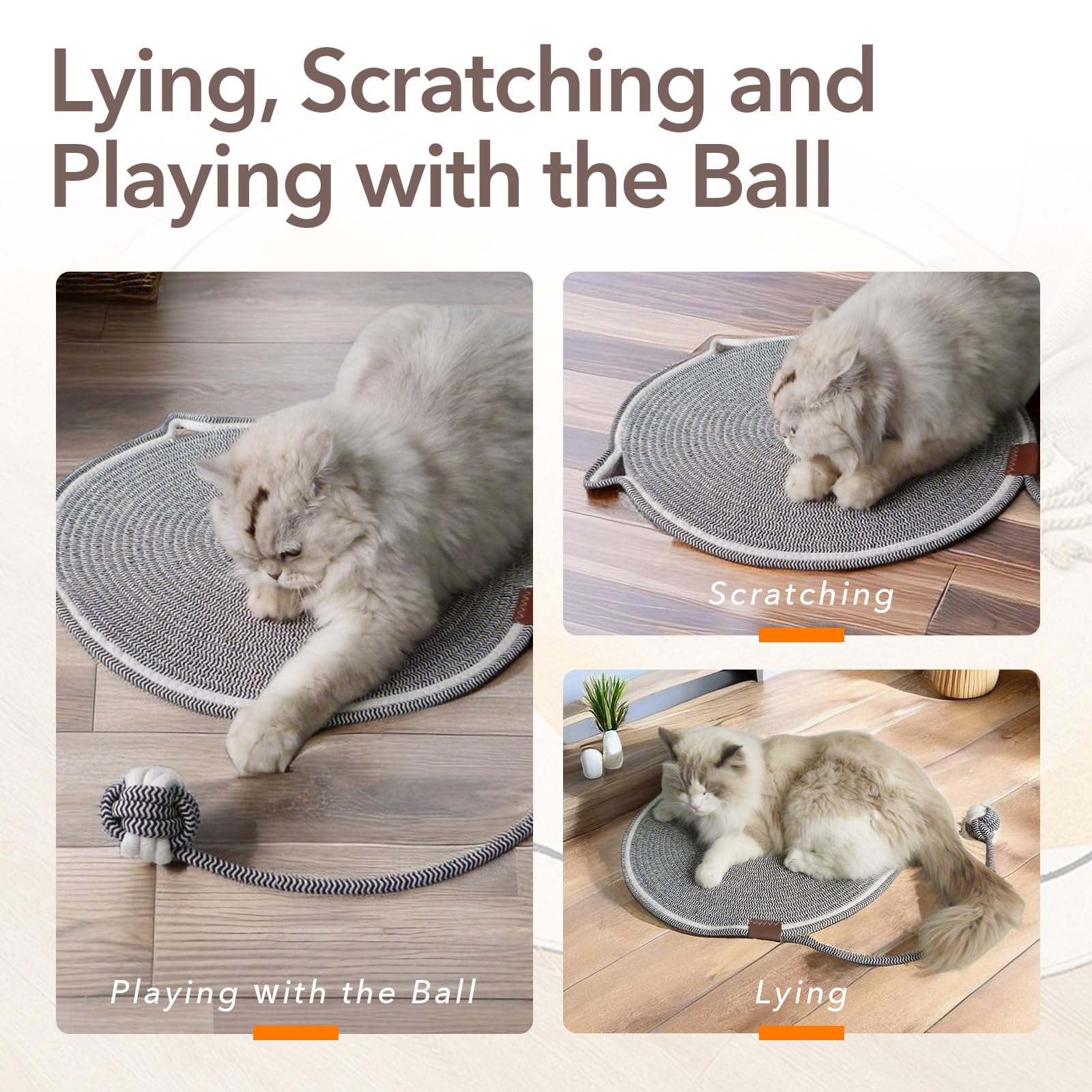 Goocare Cat Scratcher Mat With Cat Ball Toy, 17'' Size Natural Cotton Rope Scratcher Pad For Indoor Cats, Cat Furniture Protecto