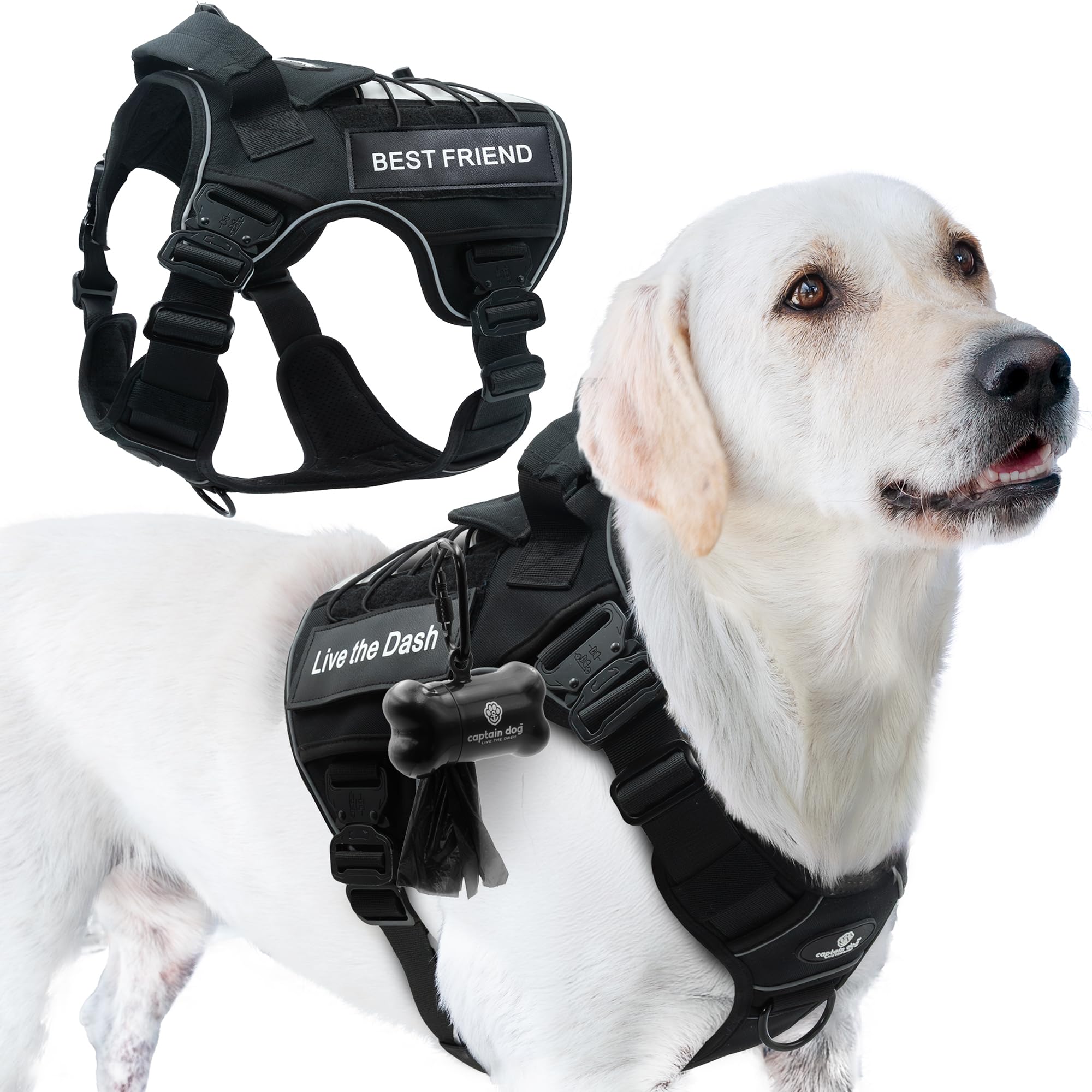 CAPTAIN DOG Harness Large Sized Dog with 4 Metal Buckles & Double Stitching - Reflective Strong Large Black, Heavy Duty Dog Vest