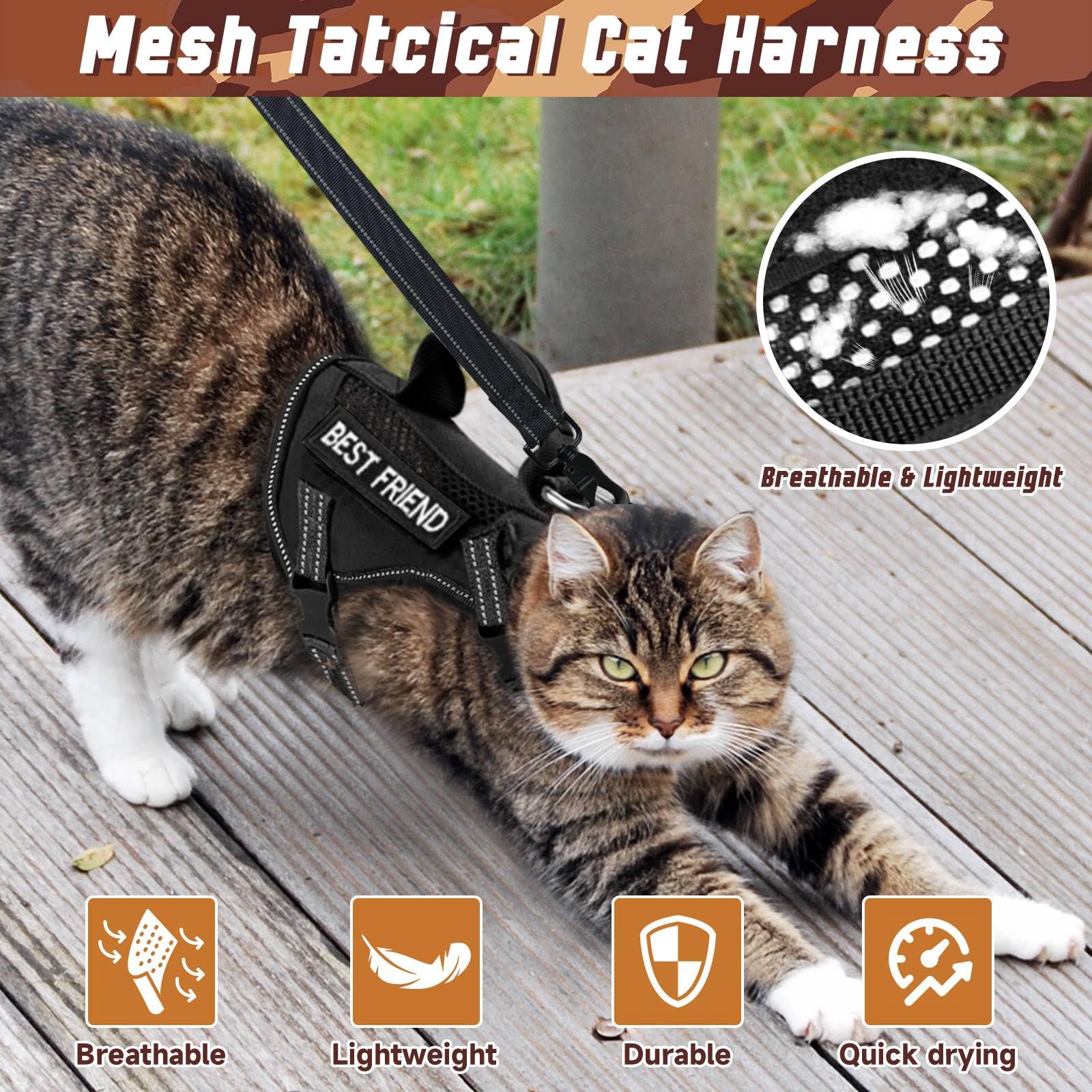 Salfse Large Tactical Cat Harness Leash, Air Mesh Adult Cat Walking Vest Harness Escape Proof With Handle, Reflective (Ablack, X