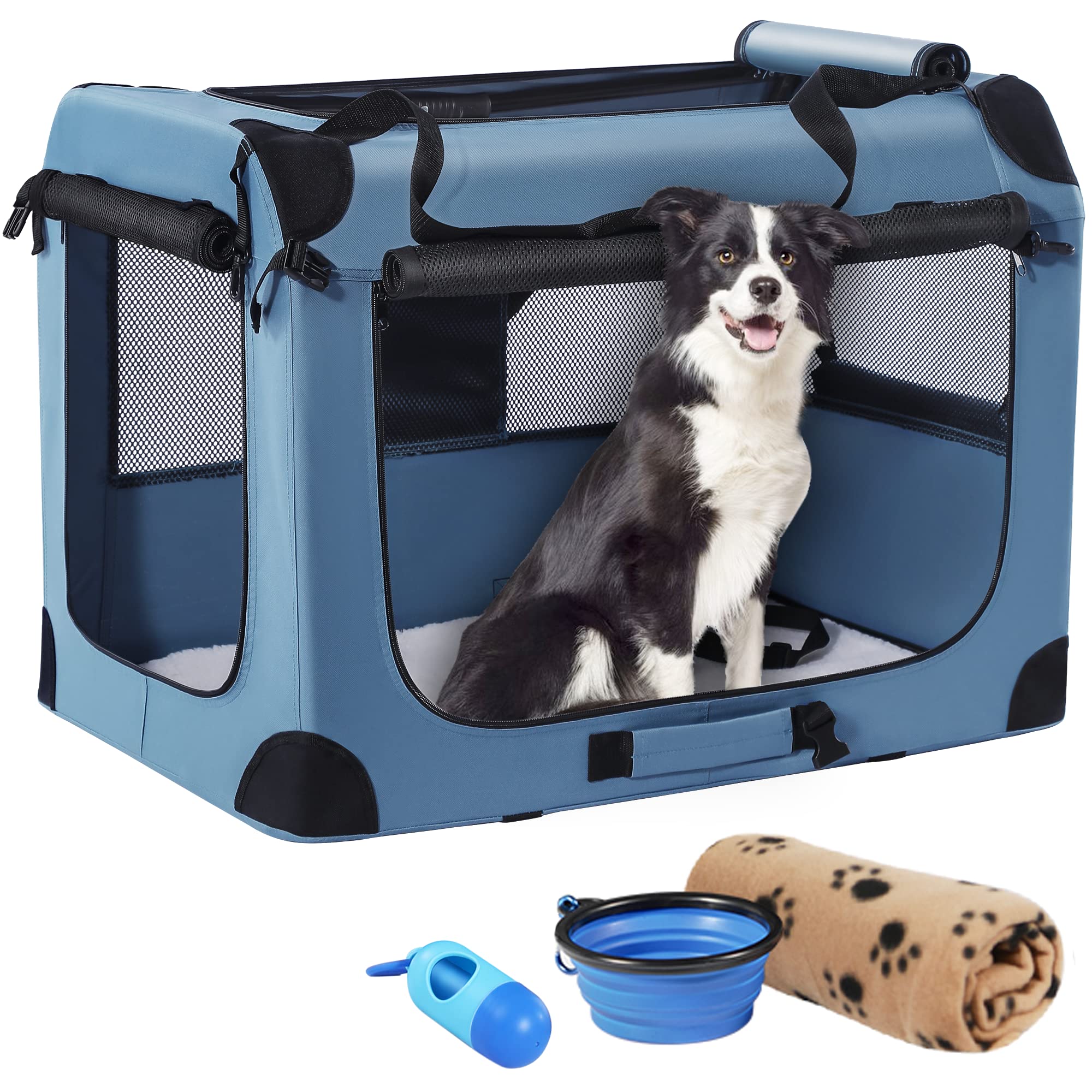 Petprsco Portable Dog Crate - 32 x23 x23  Collapsible Dog Travel Crate for Medium/Large Dogs with Soft Blanket, Foldable Bowl & 