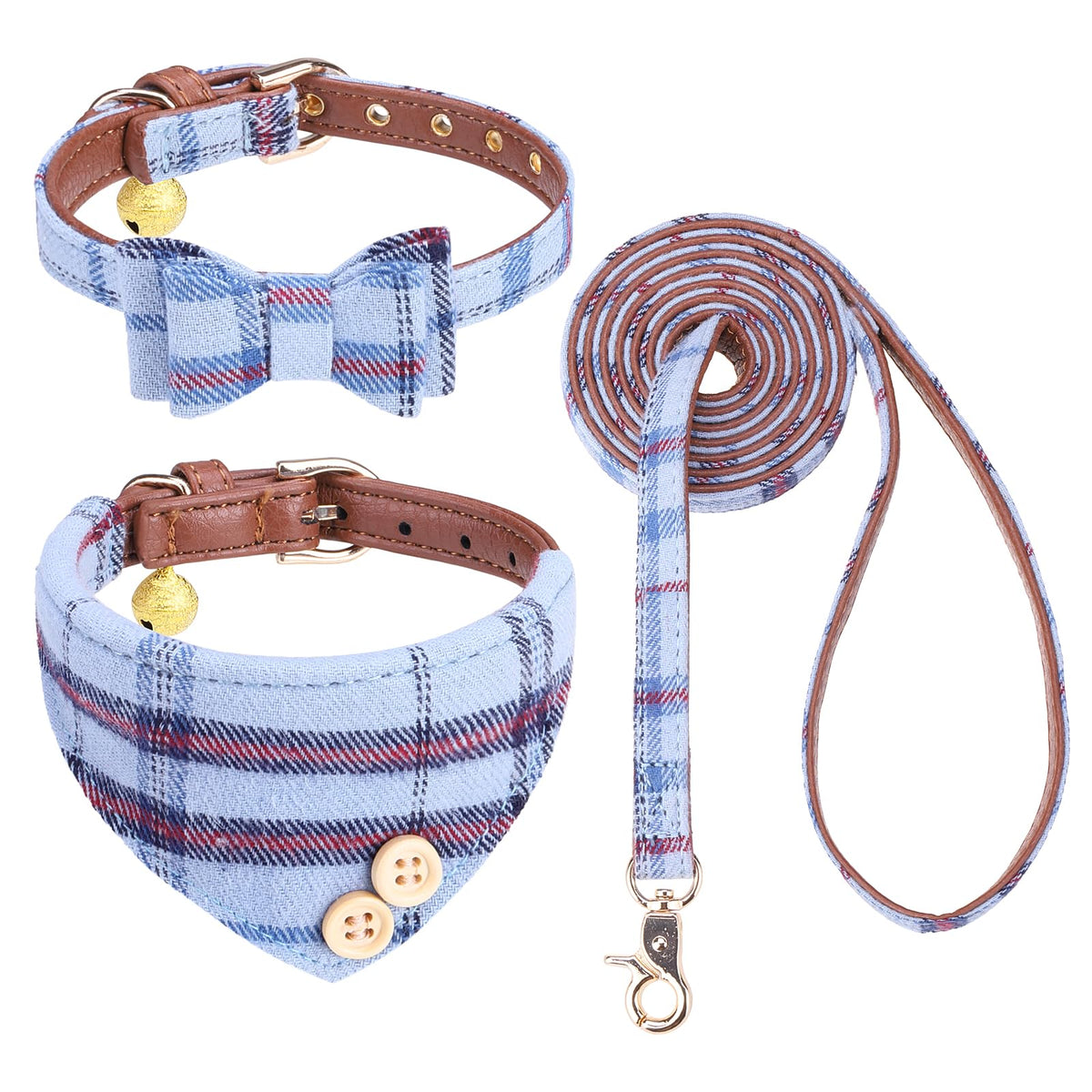 Bow Tie Dog Collar And Leash Set For Small Dogs - Puppy Leash Collars Classic Beige Plaid - Adjustable Size With Golden Bell - P