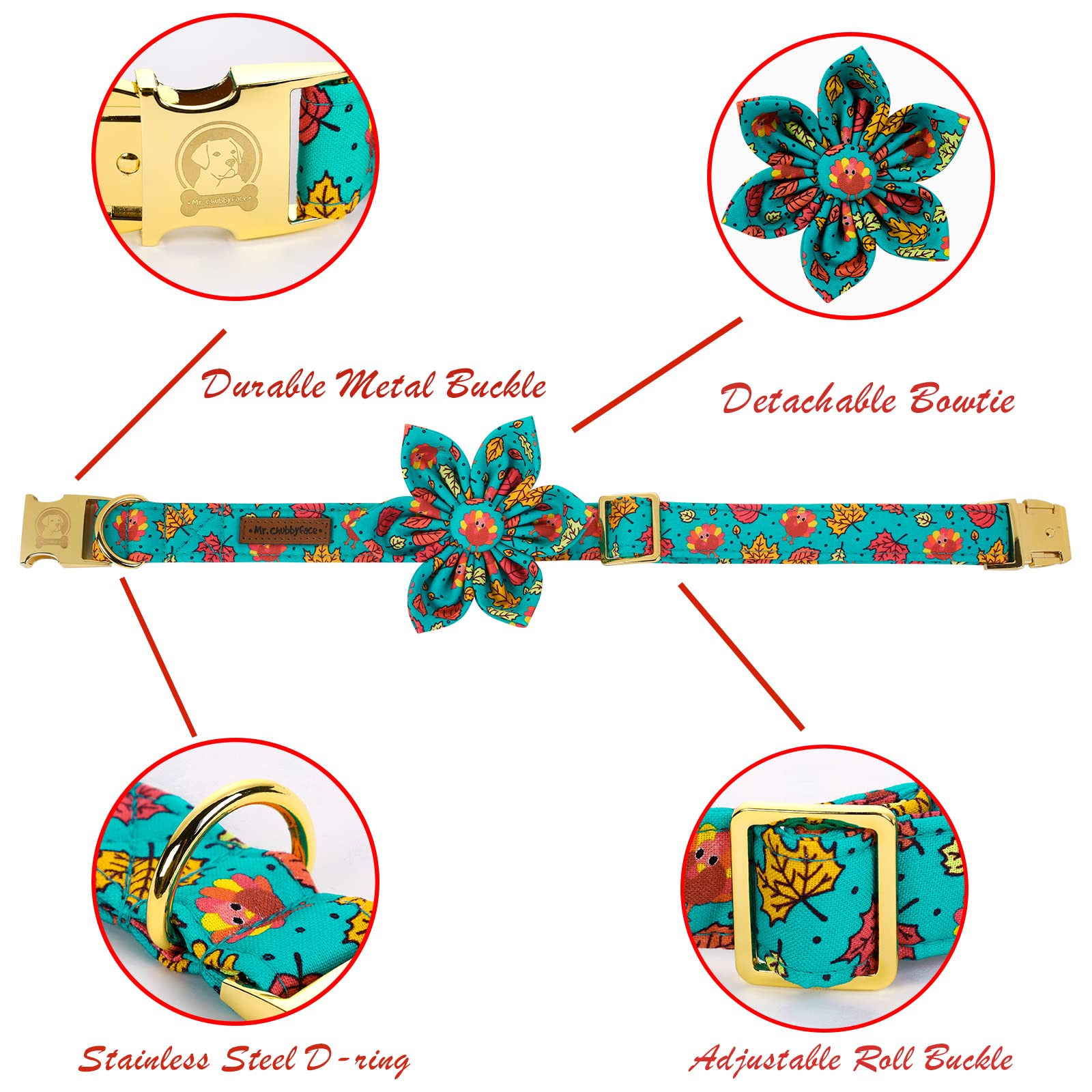 Mr. Chubbyface Thanksgiving Dog Collar - Adjustable Maple And Turkey Flower Collar For Small, Medium, Large Dogs