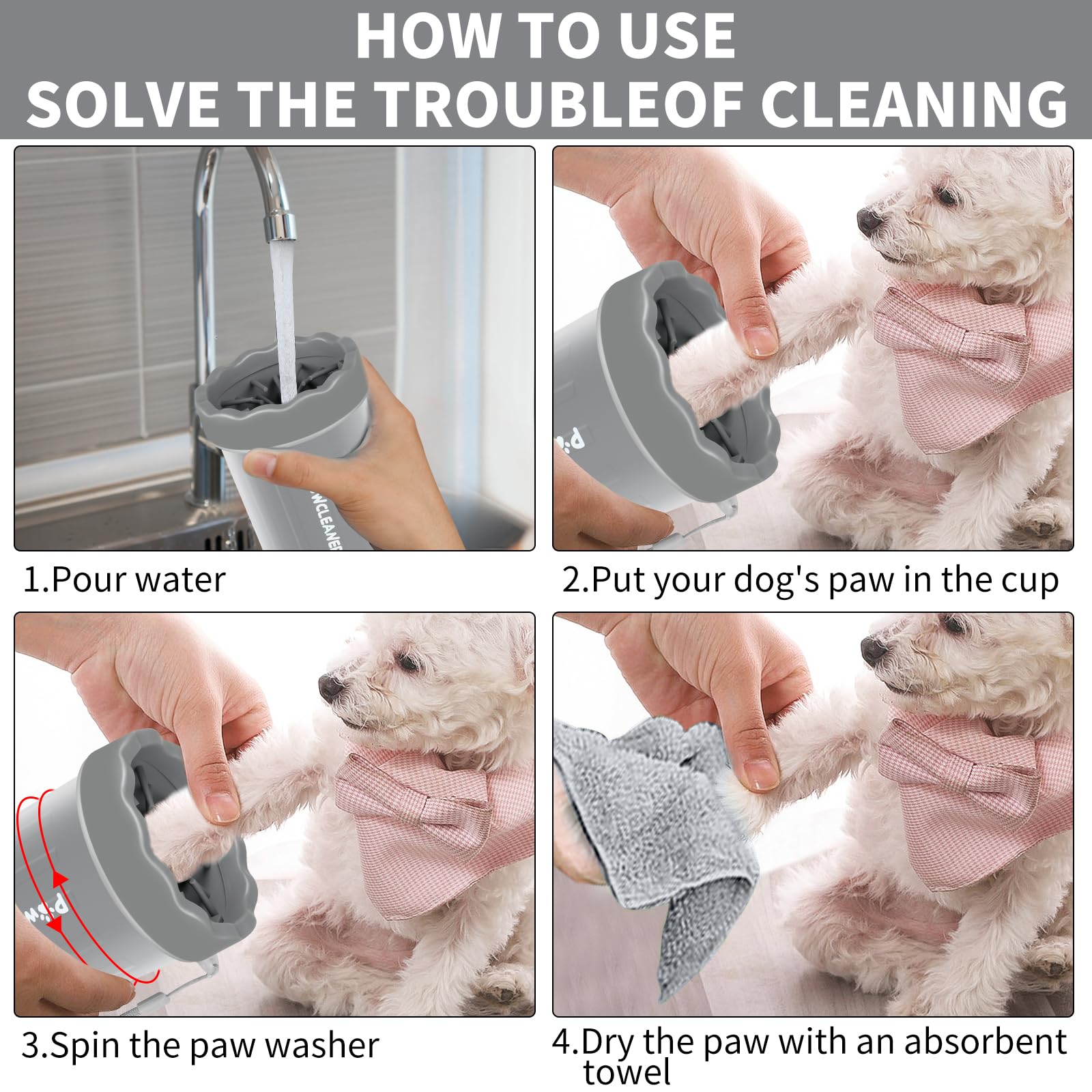 Comotech Portable Pet Paw Washer And Foot Cleaner With Silicone Brush, 3 Absorbent Towels For Small Dogs (Grey)