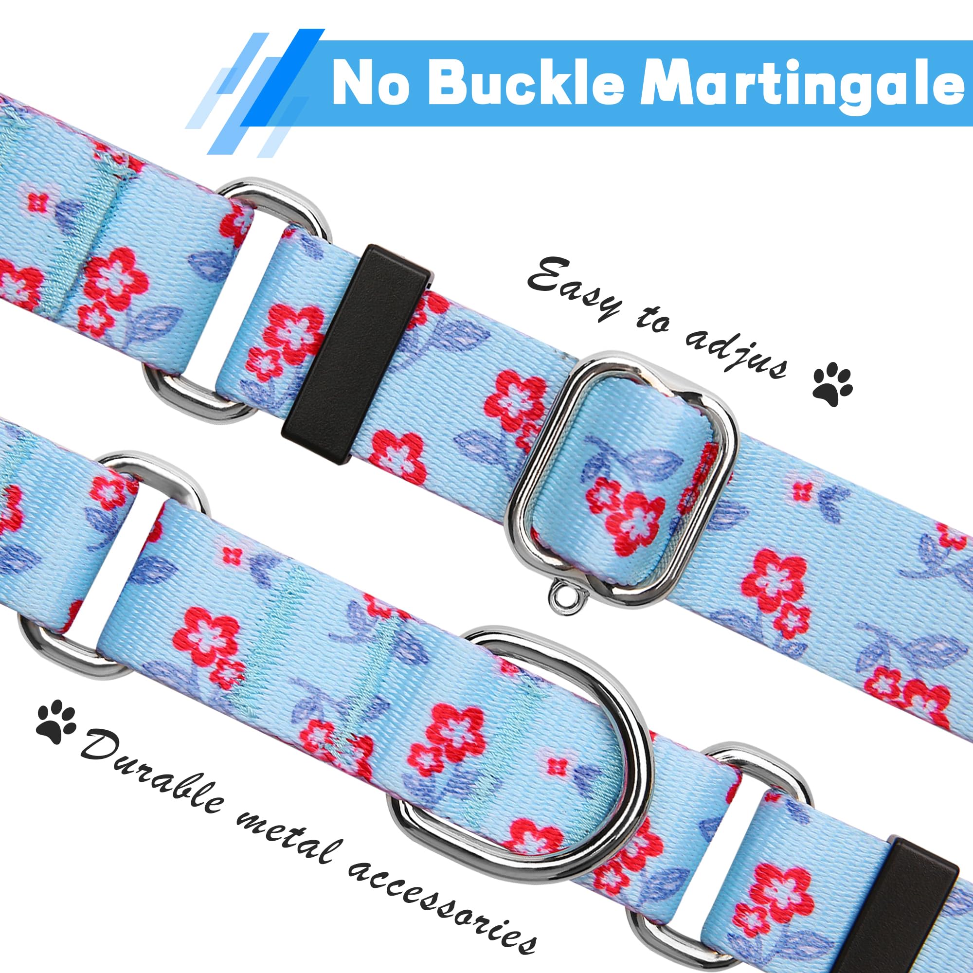 Hikiko Martingale Dog Collar With No Buckle Cute Girl Flower Dog Collars Comfortable Nylon Choke Collar For Puppy Dogs,Light Blu