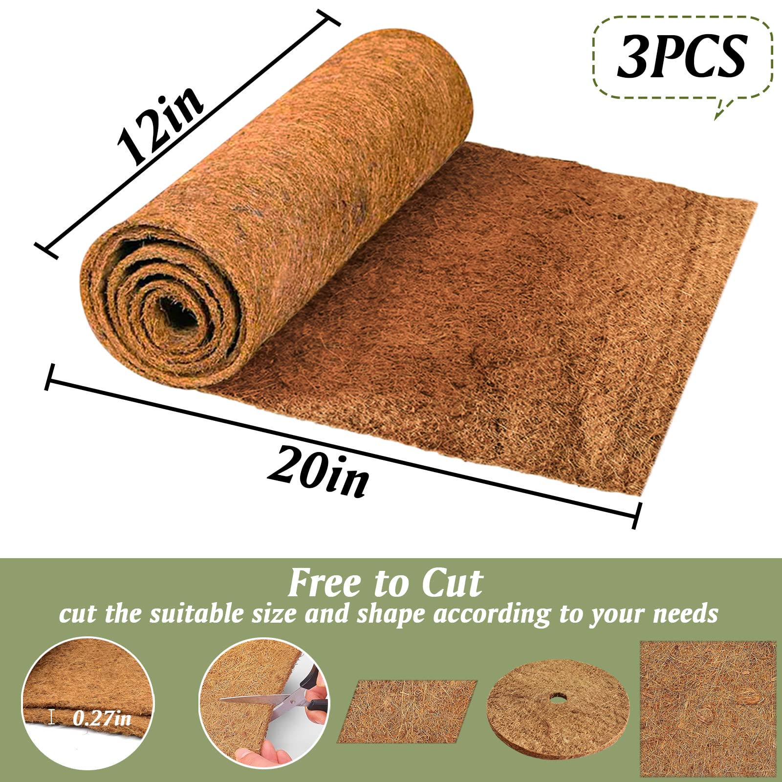 ZeeDix 3 Pieces Coconut Fiber Reptile Substrate Mat, 12 x 20 inches Natural Coco Mat Reptile Carpet Coco Fiber Liner Turtle Bedd