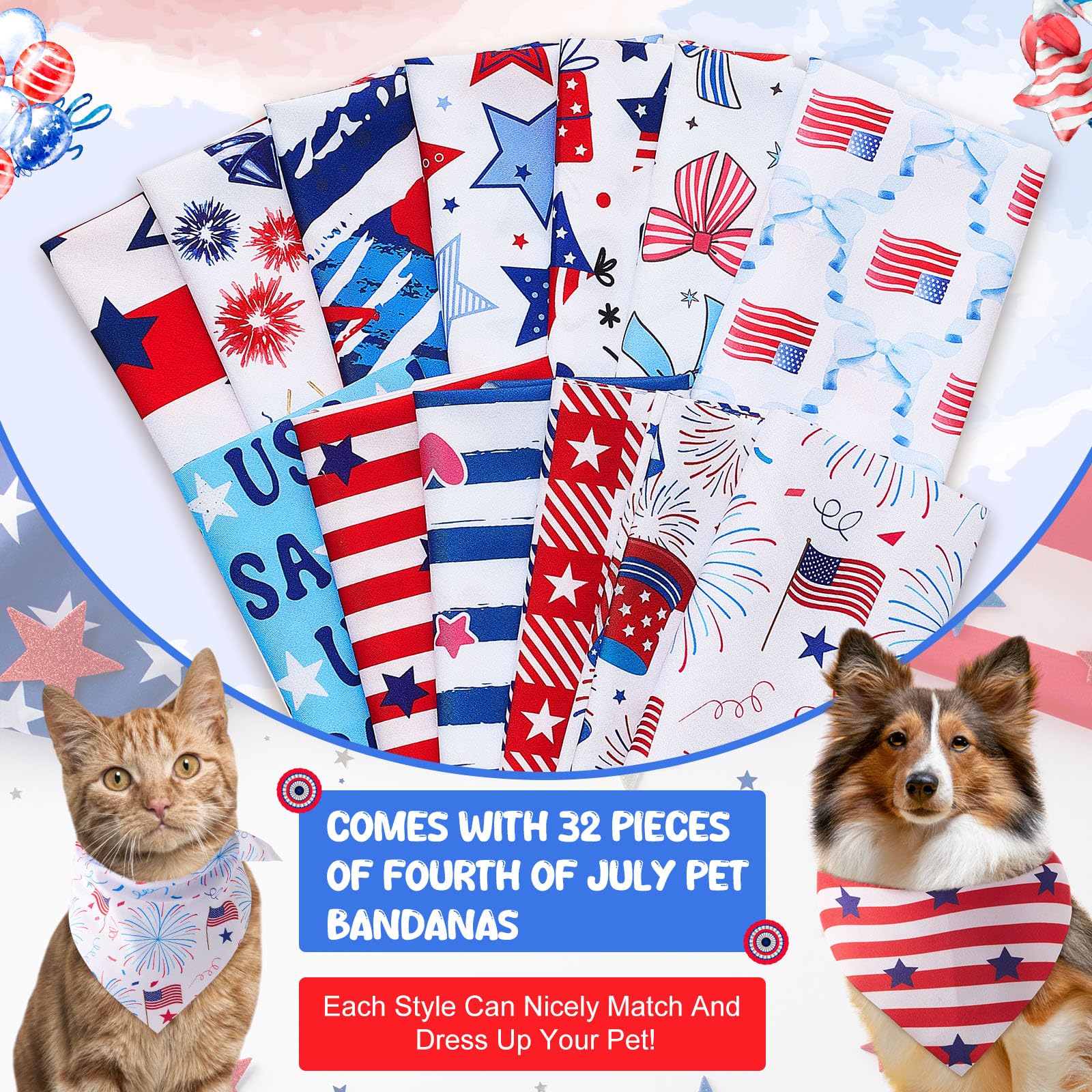 32 Pcs Patriotic Dog Bandanas Red White and Blue 4th of July Dog Bandanas American Flag Pet Scarf Triangle USA Bibs Independence