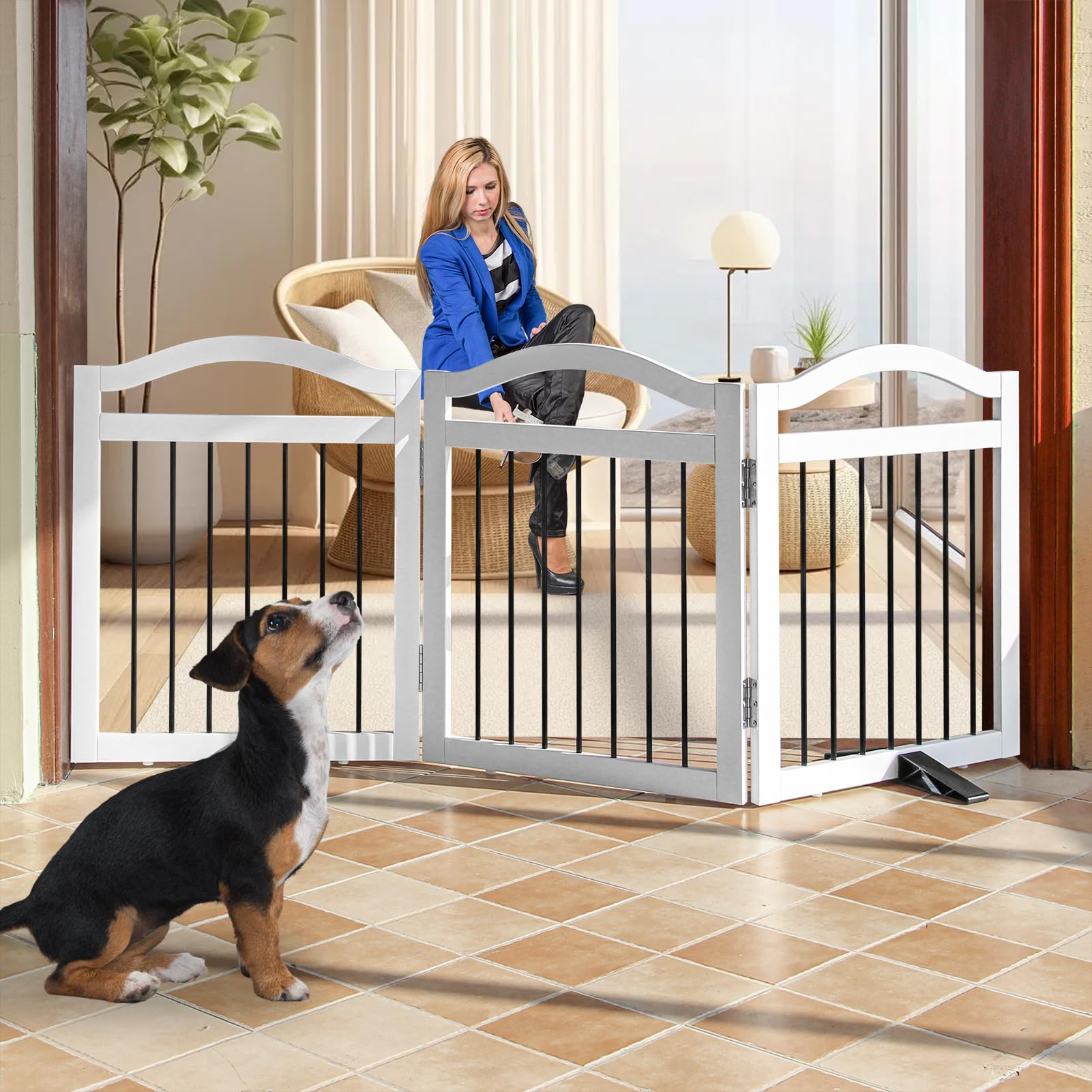 Zjsf Freestanding Foldable Dog Gate Indoor, Pet Gate For Doorways, Dog Fence For The House, Sturdy Wood Puppy Gate For Stairs, White Dog Gates With Support Feet For Hallways, 24 'Height-3 Panels