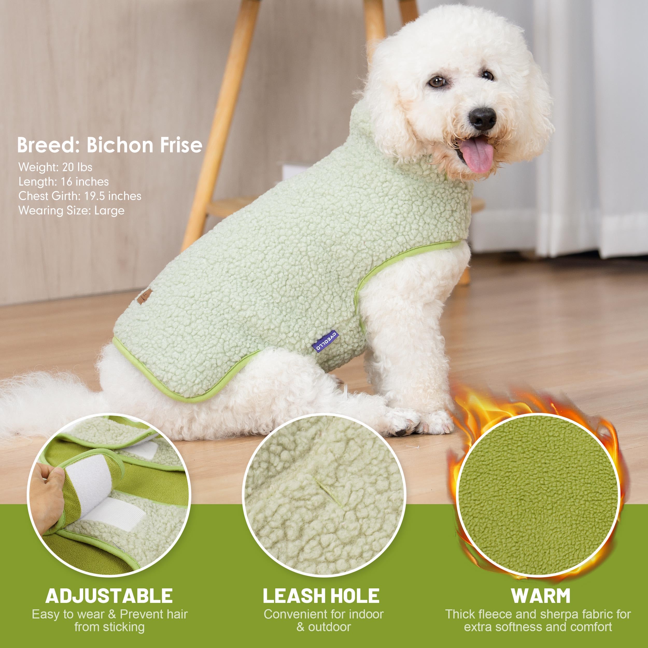 cyeollo Warm Dog Coat Fleece Sherpa Jacket Vest, Large, Green, Soft Reversible, Turtleneck, Leash Hole for Cold Weather