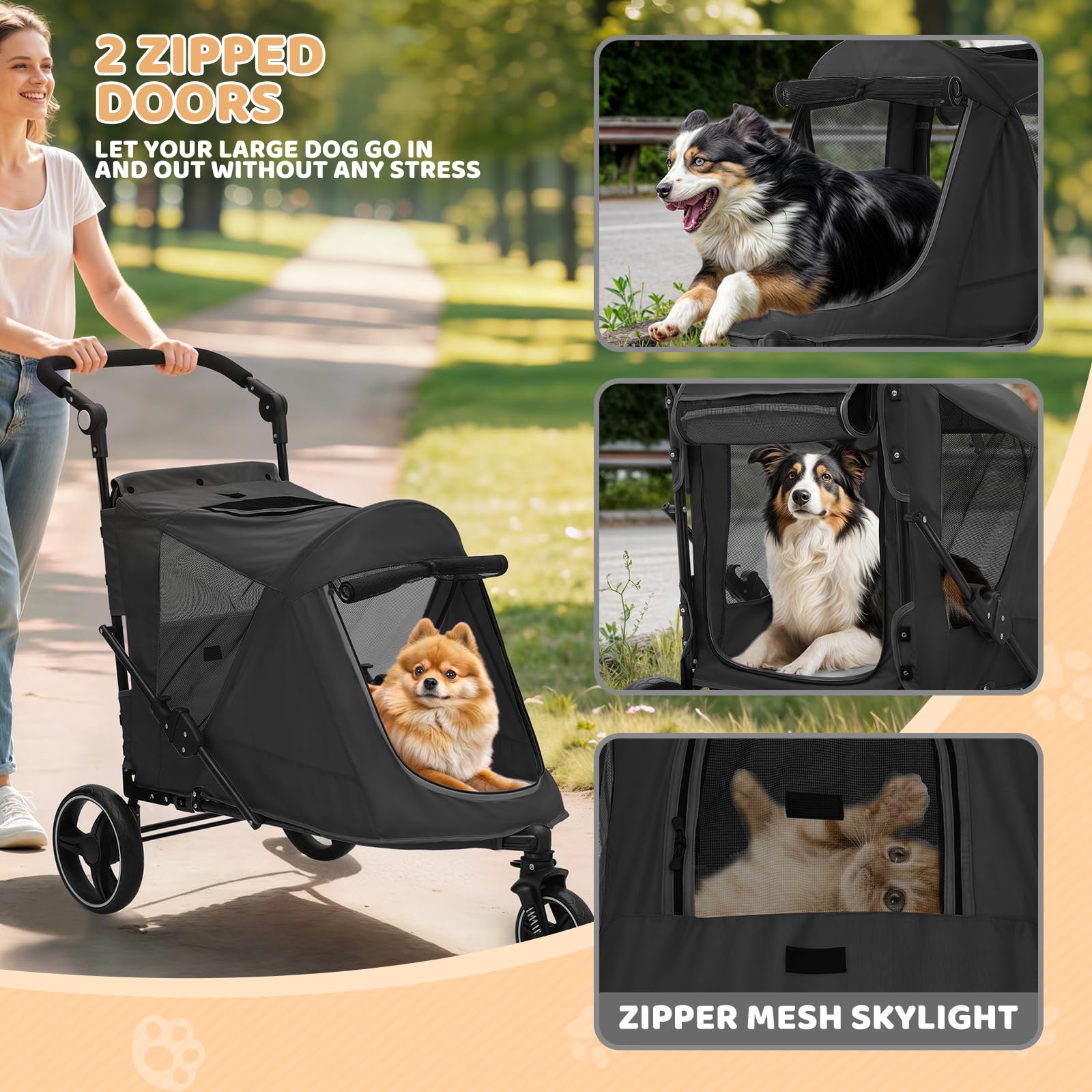 Magshion Pet Stroller For Medium Dogs W/Adjustable Handle, 3-Wheel Dog Cat Wagon W/Dual Entry, Rear Storage, Breathable Mesh, On