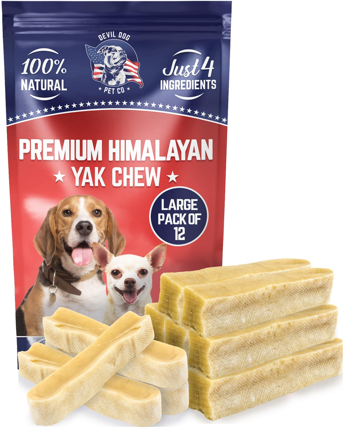 Devil Dog Pet Co. Himalayan Yak Chews, Yak Cheese Dog Chews, 100% Natural & Healthy, Lactose Free, Long Lasting, Yak Chew Treats – Premium Yak Milk Dog Chew, Yak Bones For Dogs | Large - 12 Pack