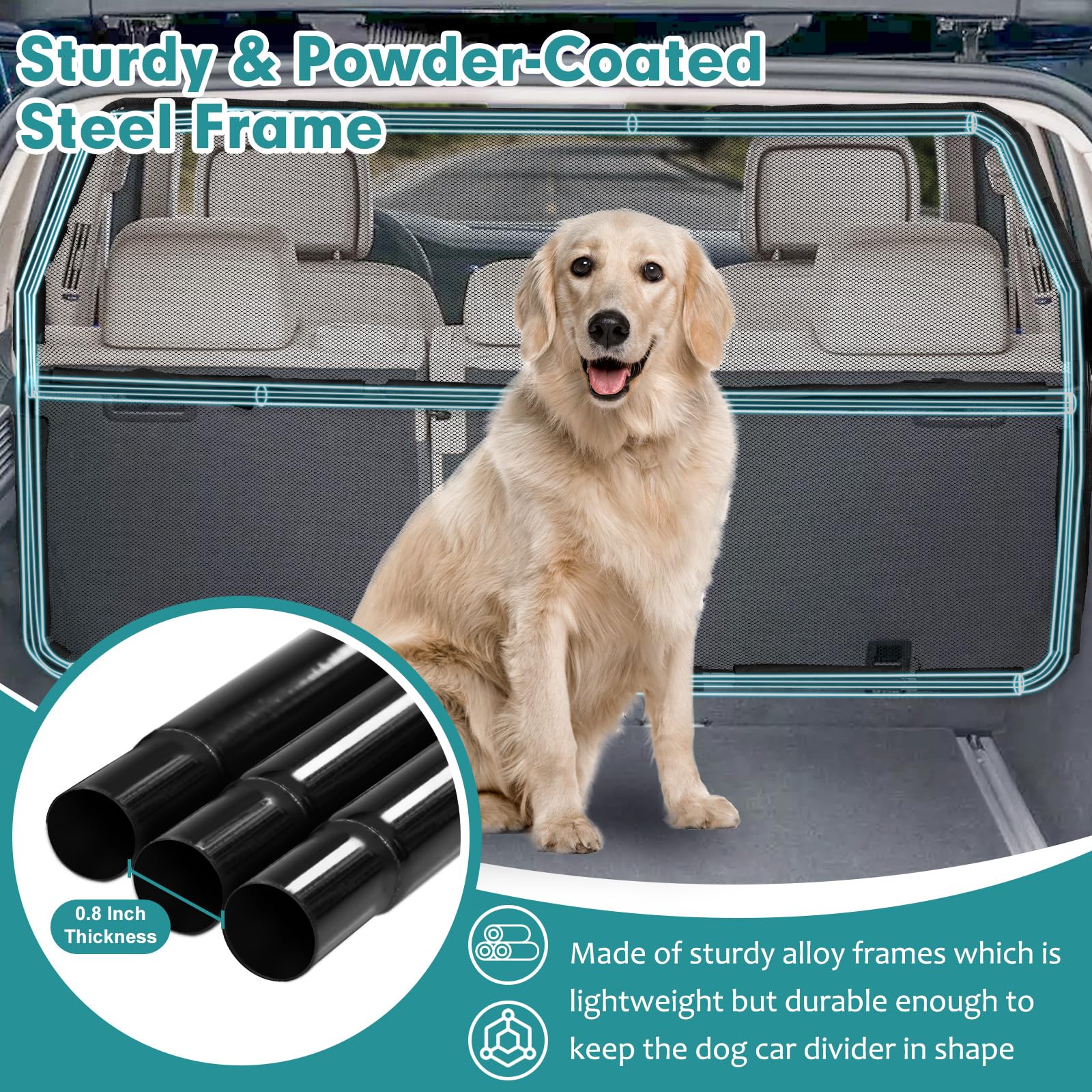 Dog Car Barrier Escape-Proof, 50'' Wide Car Divider for 2nd 3rd Row Seats & Cargo Area, Durable Back Seat Car Gate Trunk Barrier