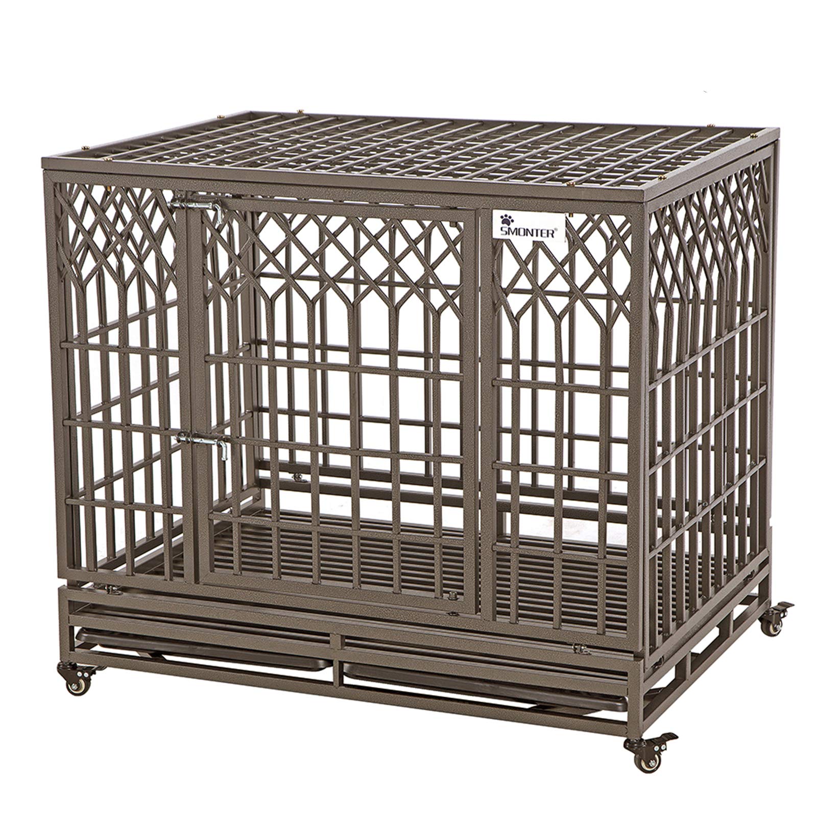 Smonter Heavy Duty Dog Crate Strong Metal Pet Kennel Playpen With Two Prevent Escape Locks Large Dogs Cage With Wheels (Strength
