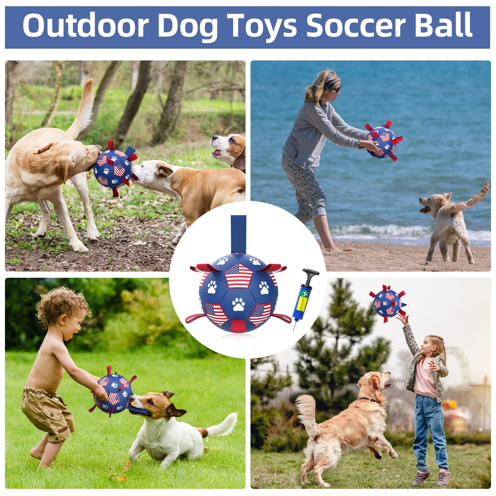 Qdan Dog Toys Soccer Ball With Straps - Durable Dog Balls For Large Dogs, Beach Pool Dog Water Toy, Dog Tug Toys For Tug Of War, Puppy Dog Birthday Gifts (8 Inch)