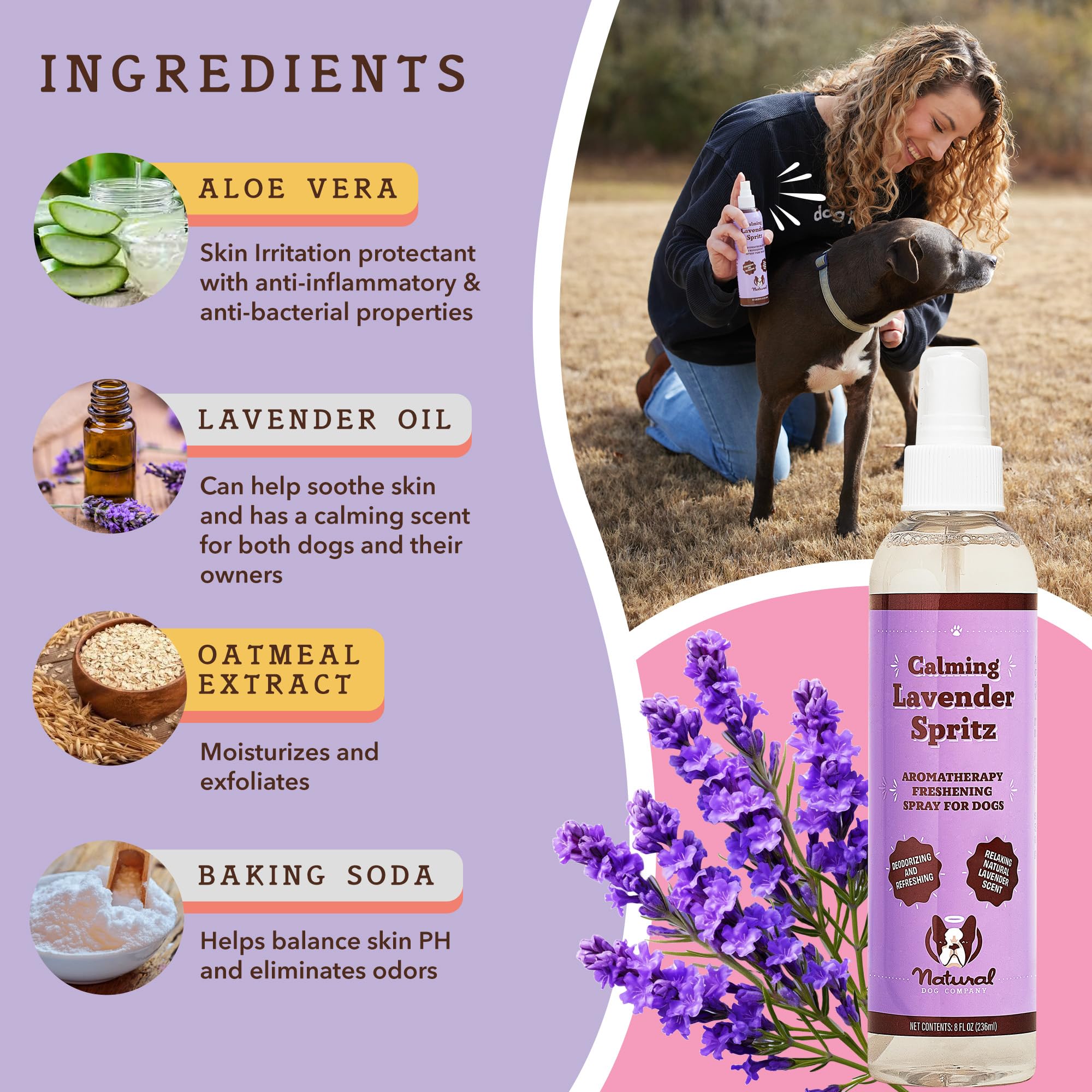 Natural Dog Company Calming Lavender Spritz For Dogs, 8Oz - Deodorizing & Moisturizing, Soothes Skin, Conditions Coat, Hypoaller