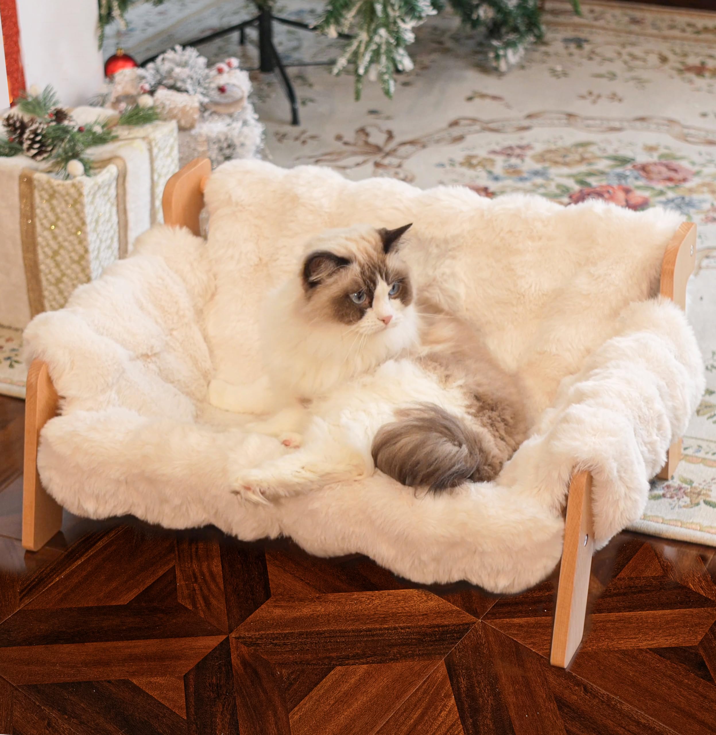 Cheerhome Pets Elevated Cat Couch Bed For Indoor Cats, Wooden Cat Sofa With Removable Washable Fluffy Cover Raised Kitty Lounge 
