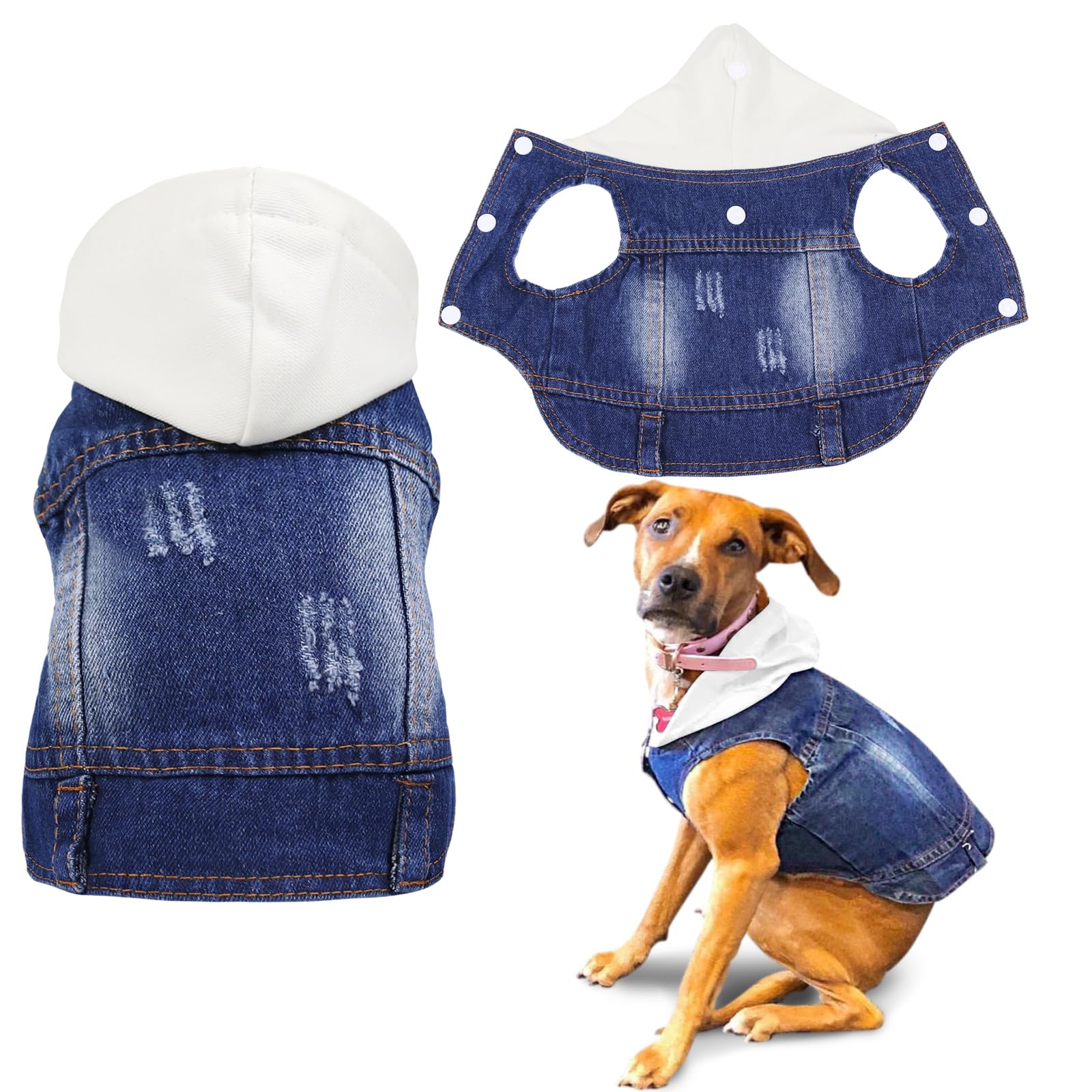 Sild Pet Clothes Dog Jeans Jacket Cool Blue Denim Coat Small Medium Dogs Lapel Vests Classic Hoodies Puppy Blue Vintage Washed Clothes (White,L)