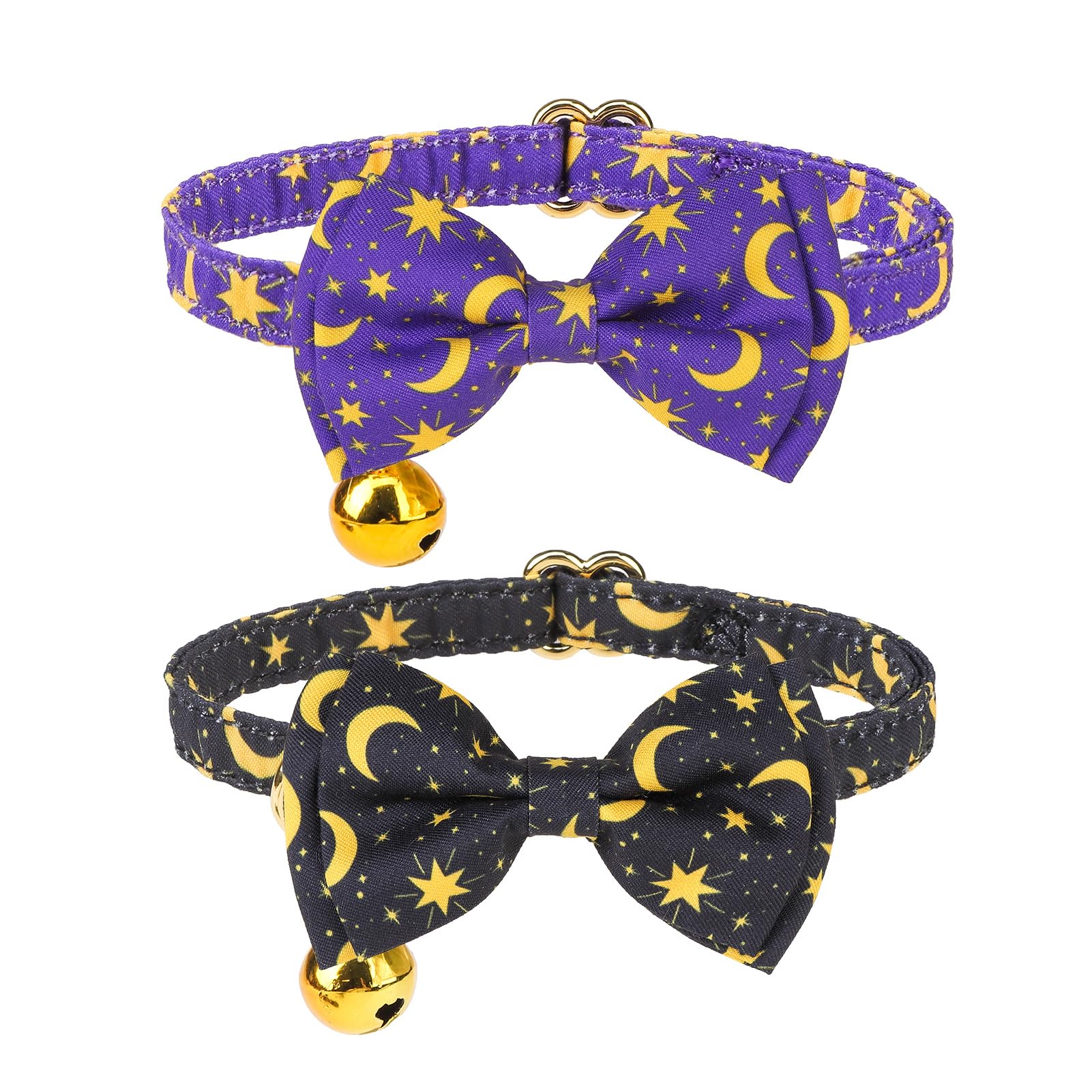 Expawlorer Breakaway Cat Collar With Bells- 2Pcs Adjustable With Bowtie For Girl Boy Kitten, Moon And Stars Pet Collar With Safe