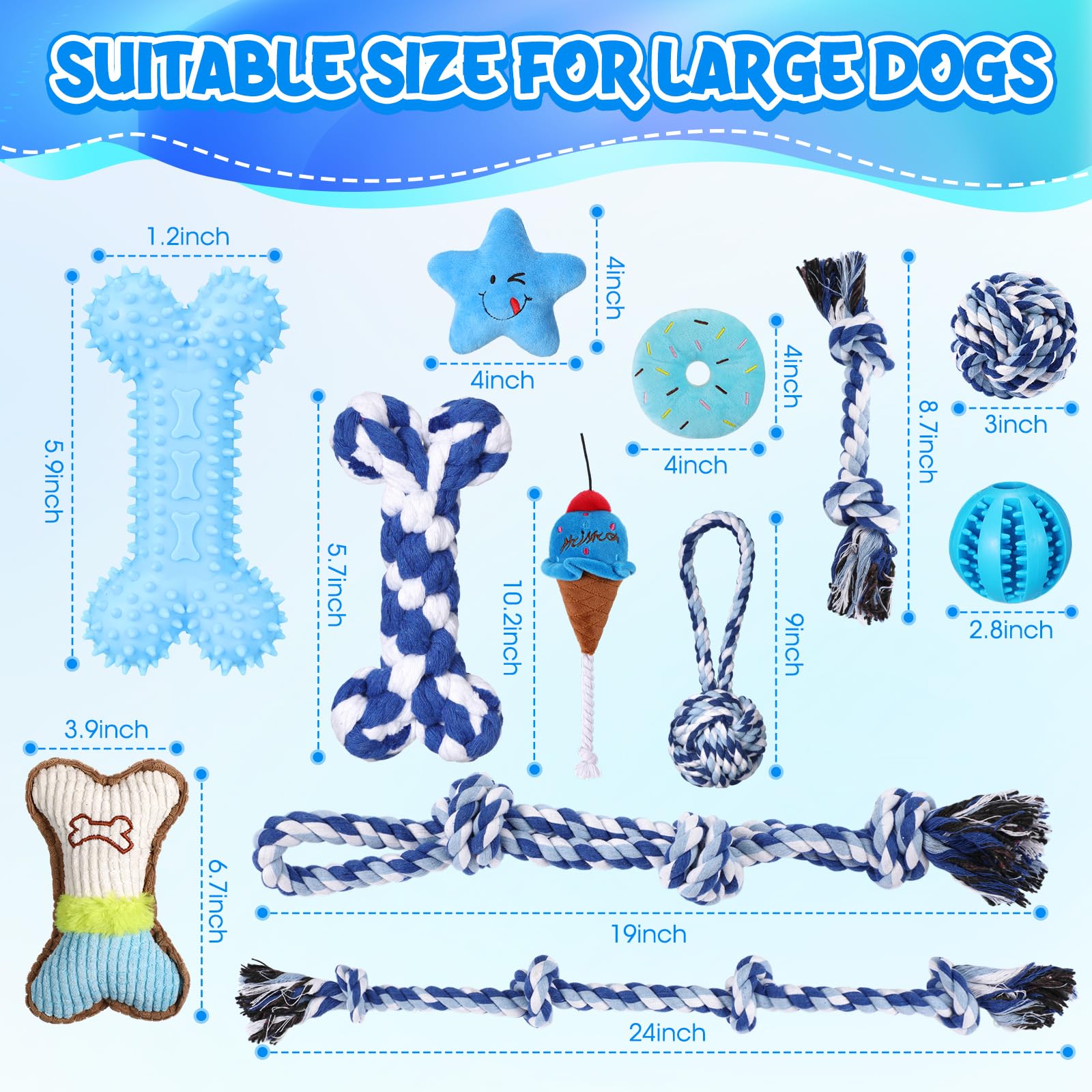 Vinsot 12 Pack Large Dog Chew Toys For Aggressive Chewers Blue Teething Toys With Dental Rope Squeaky Balls And Chew Bone For Me