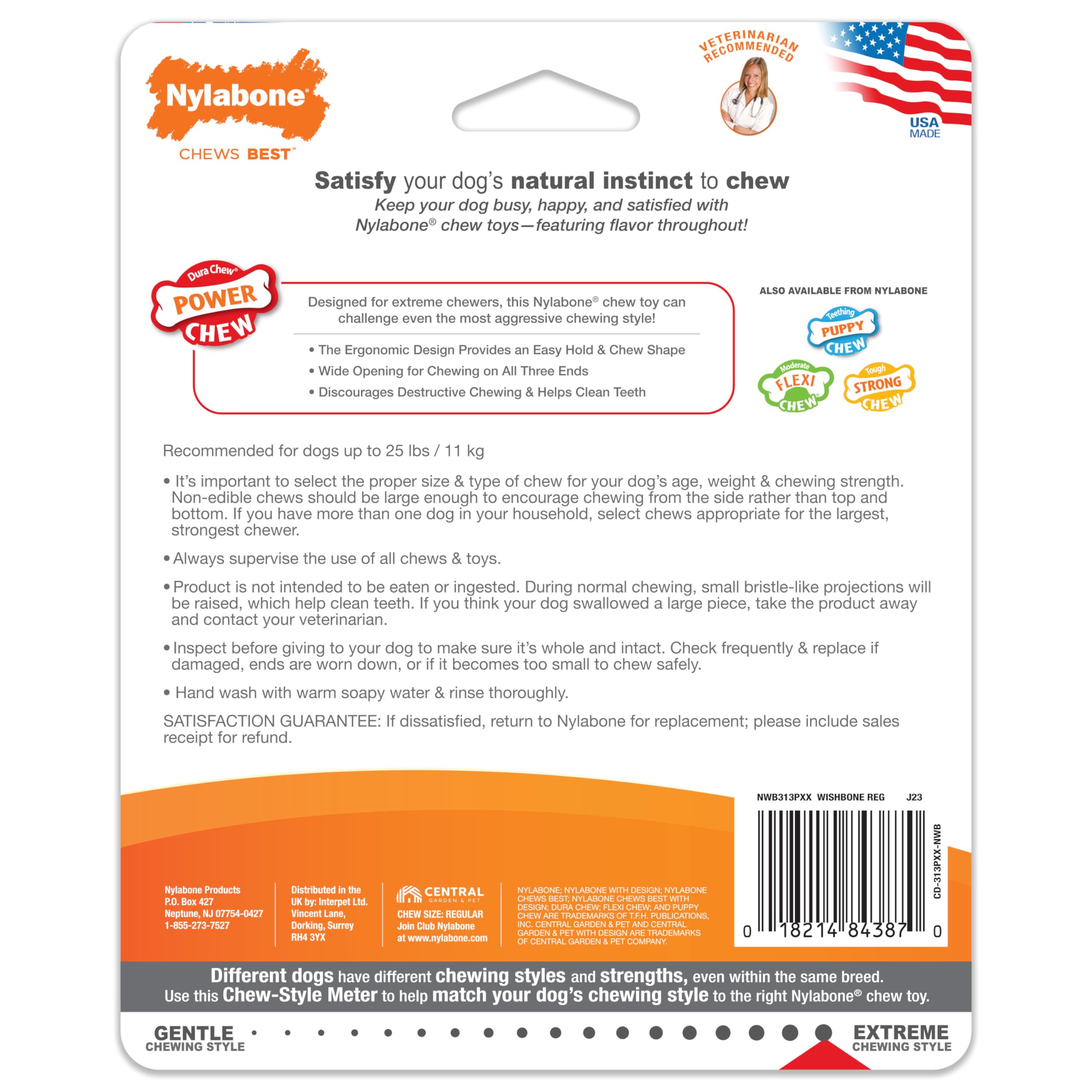 Nylabone Ergonomic Hold Wishbone Power Chew Toy for Dogs, Dog Toys for Aggressive Chewers, Bison Flavor, Small - Up to 25 Ibs, 1