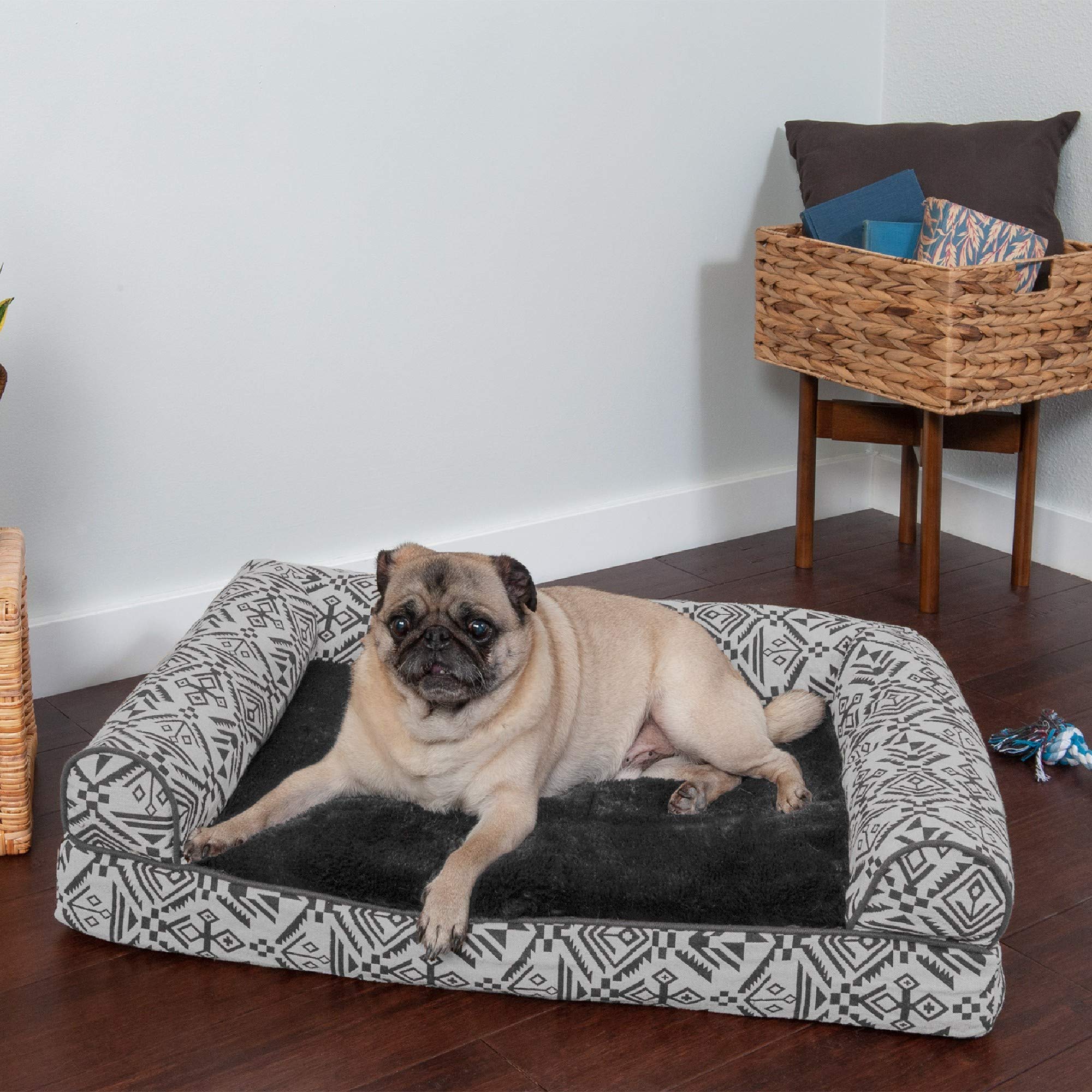 Furhaven Orthopedic Dog Bed For Medium/Small Dogs W/ Removable Bolsters & Washable Cover, For Dogs Up To 35 Lbs - Plush & Southwest Kilim Woven Decor Sofa - Boulder Gray, Medium
