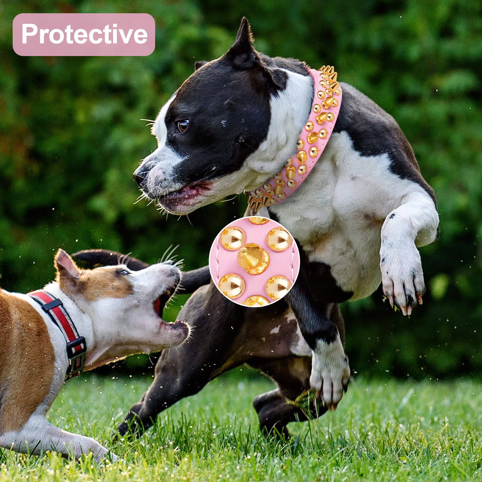 Epesiri Spiked Dog Collar, Adjustable Pink-Gold PU Leather, Includes Leash, Size L (13.7"-16")