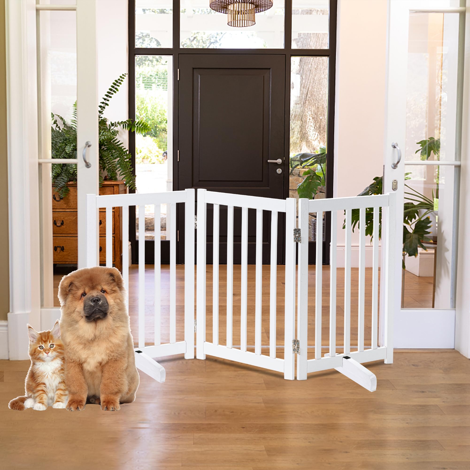 Lzrs Solid Hardwood Freestanding Pet Gate,Wooden Dog Gates For Doorways,Nature Wood Dog Gates For The House,Dog Gate For Stairs,Freestanding Indoor Gate Safety Fence,White,30' Height-3 Panels