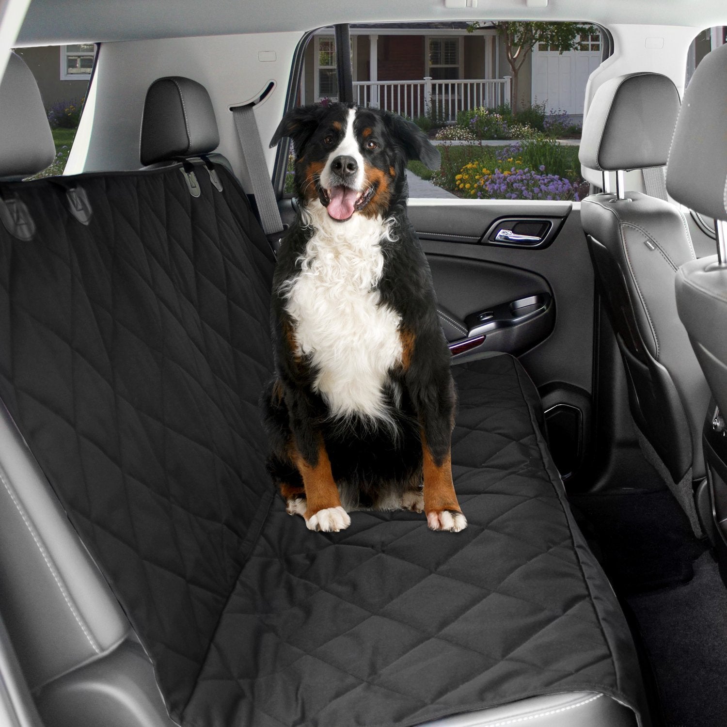 Dog Car Seat Cover  Black Waterproof Non Slip Padded Quilted Protector with Seat Anchors and Heat Straps
