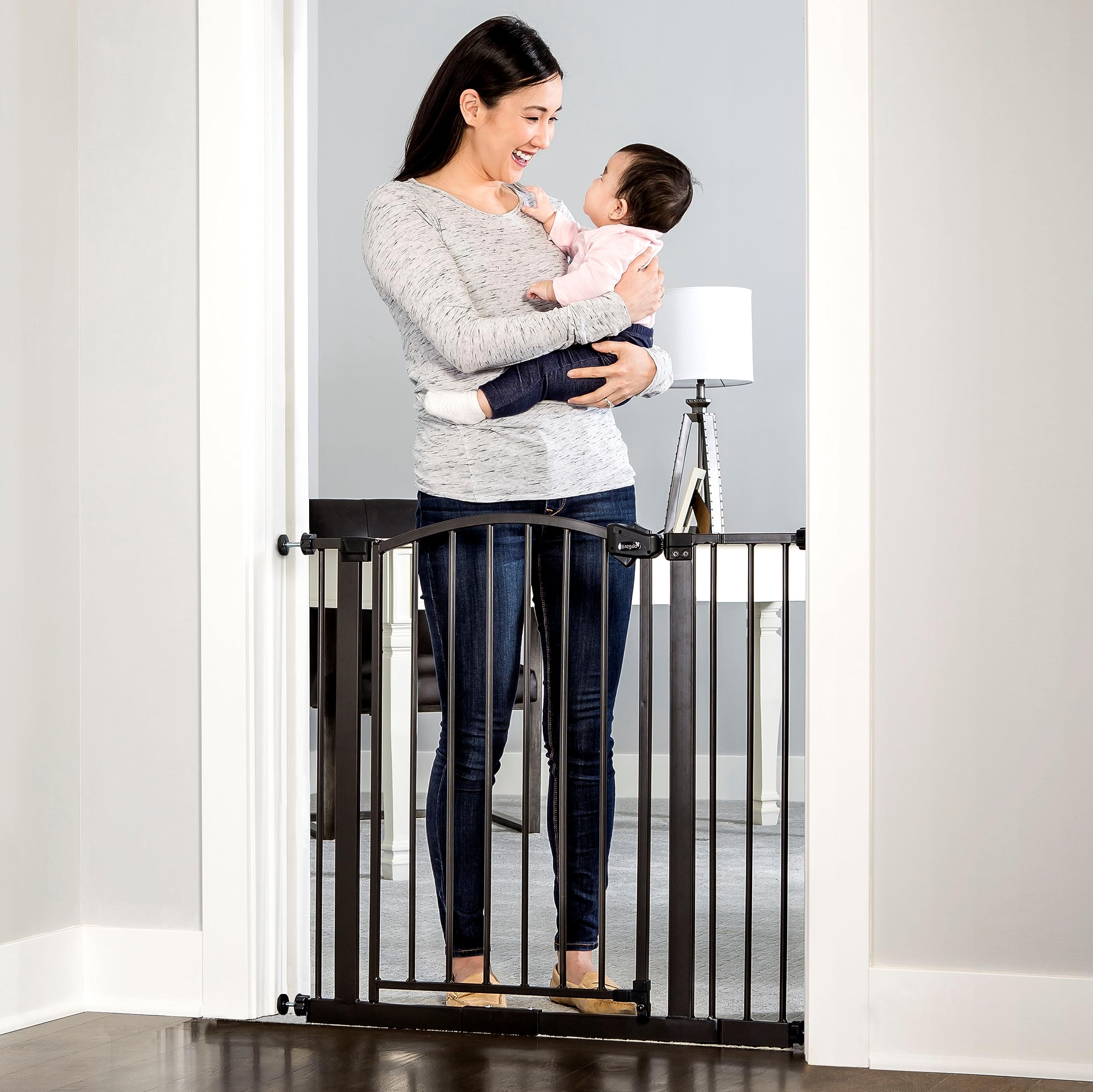 Regalo Easy Step Arched Décor Walk Thru Baby Gate, Includes 4-Inch Extension Kit, 4 Pack Pressure Mount Kit And 4 Pack Wall Mount Kit, Bronze