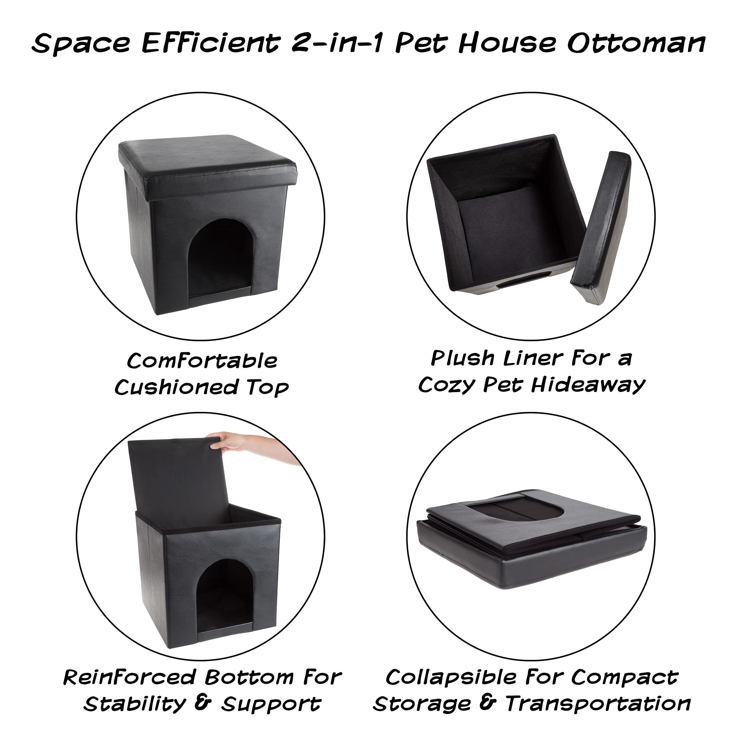 Cat House – Collapsible Multipurpose Small Dog Or Cat Ottoman With Footrest, Cushioned Top, And Interior Pillow By Petmaker (Black)