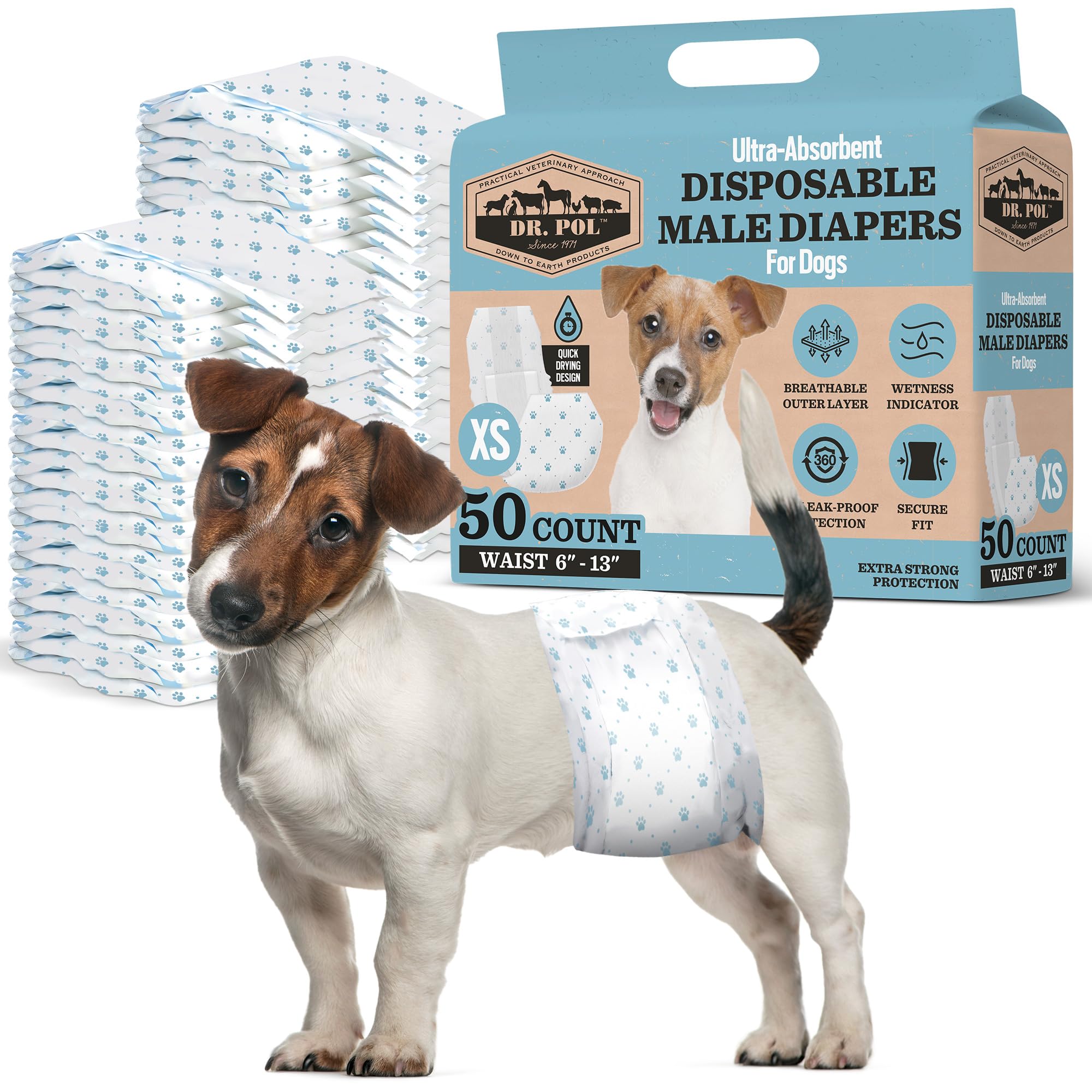 Dr. Pol Male Dog Diapers - Super Absorbent, Breathable, Leak-Proof With Wetness Indicator, X-Small, 50 Count