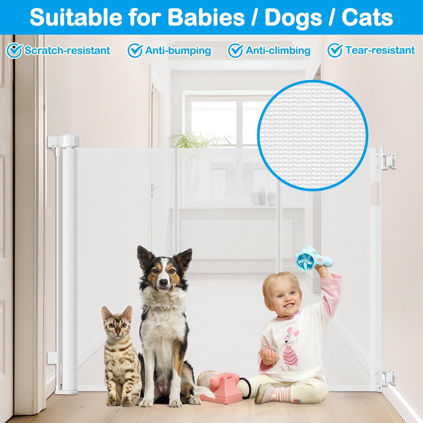 HEELALBABY 42" Extra Tall Retractable Baby Gate, 55" Wide, White, Anti-Scratch PVC Mesh, Model BAQXL64